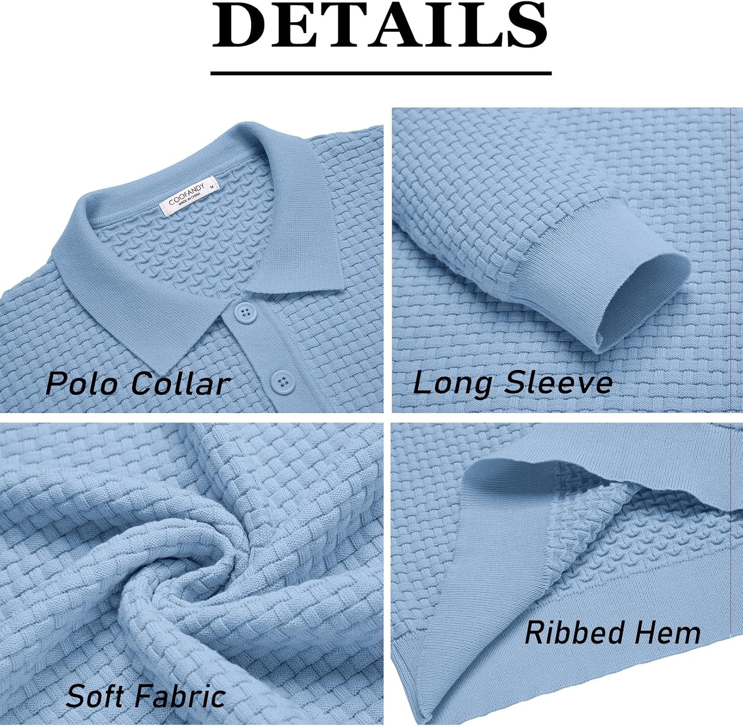 image:imageCOOFANDY Mens Knit Polo Shirts Casual Collared Long Sleeve Sweater PolosAiry Blue