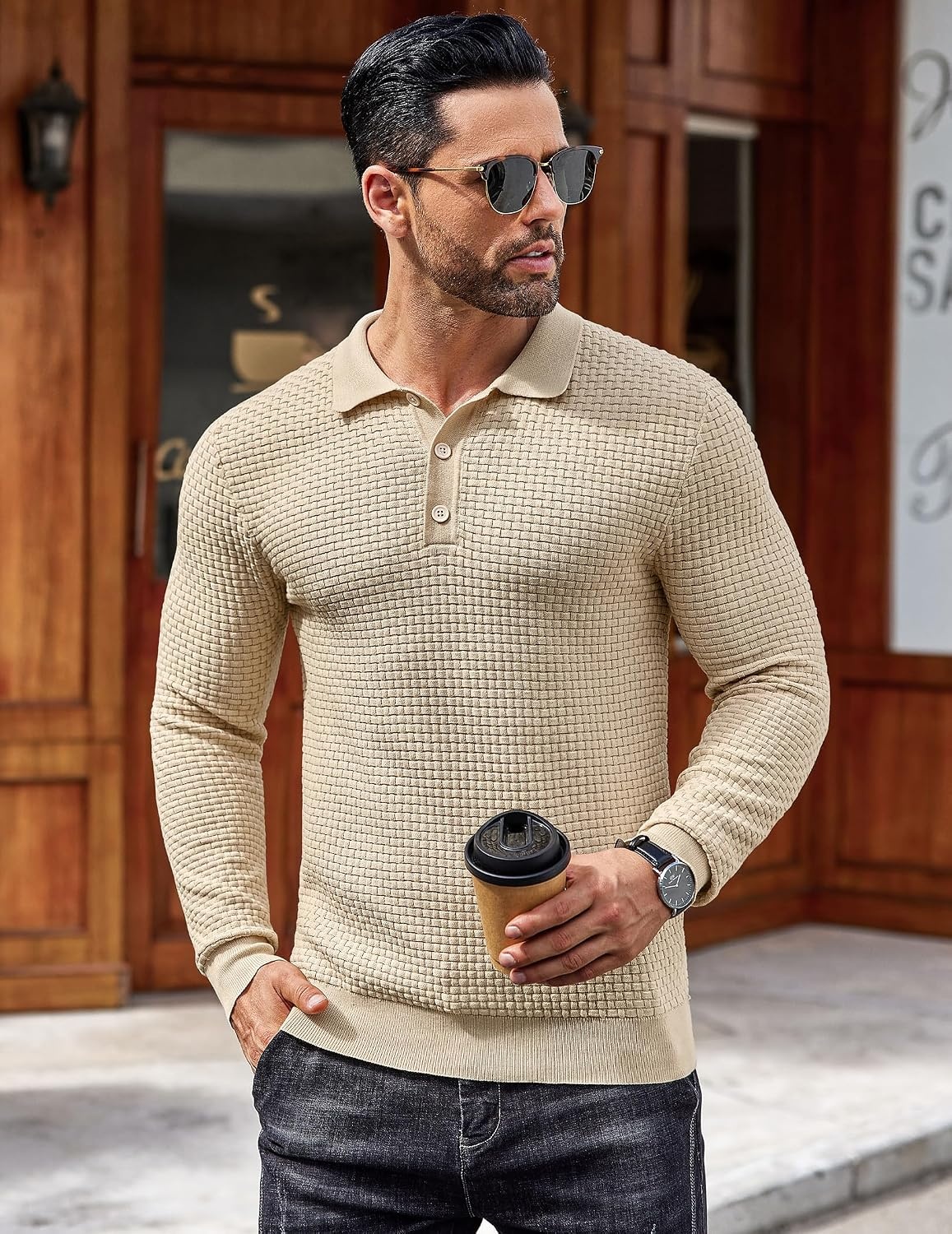 image:imageCOOFANDY Mens Knit Polo Shirts Casual Collared Long Sleeve Sweater PolosApricot