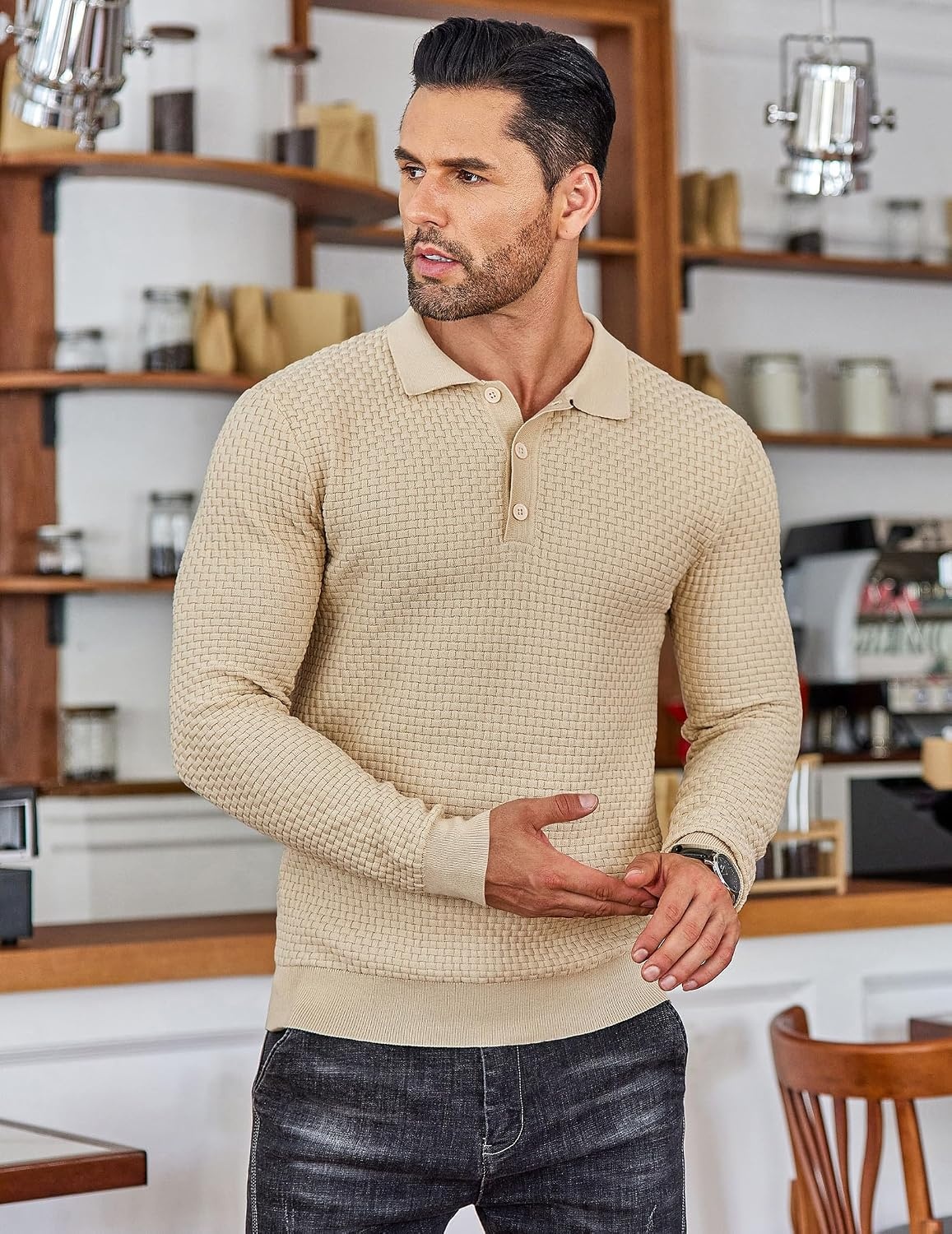 image:imageCOOFANDY Mens Knit Polo Shirts Casual Collared Long Sleeve Sweater PolosApricot