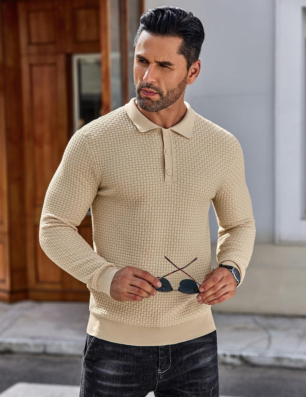 image:imageCOOFANDY Mens Knit Polo Shirts Casual Collared Long Sleeve Sweater PolosApricot
