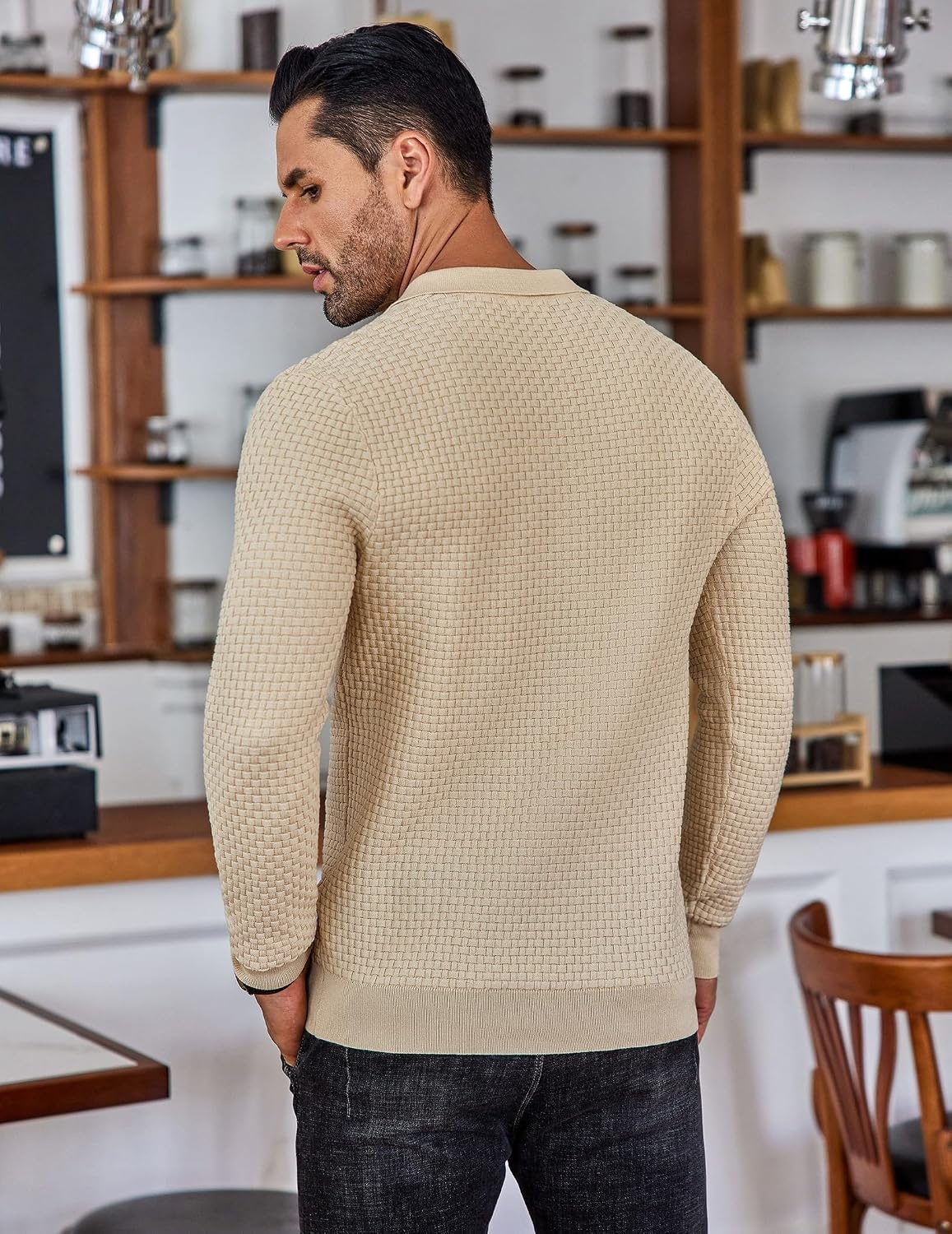 image:imageCOOFANDY Mens Knit Polo Shirts Casual Collared Long Sleeve Sweater PolosApricot