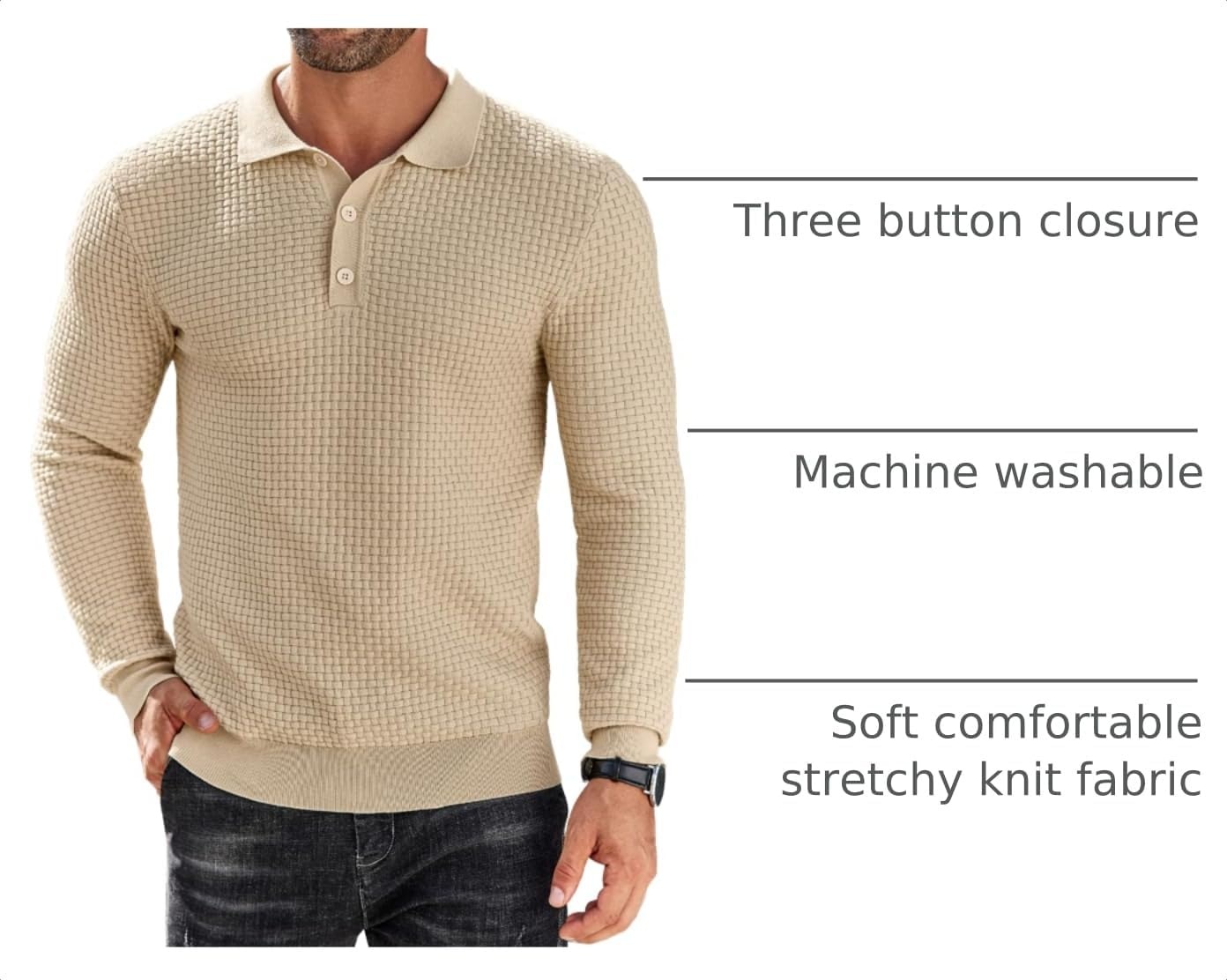 image:imageCOOFANDY Mens Knit Polo Shirts Casual Collared Long Sleeve Sweater PolosApricot
