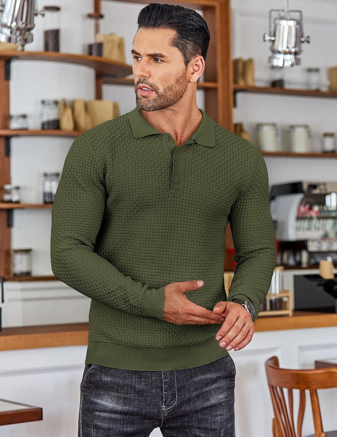 image:imageCOOFANDY Mens Knit Polo Shirts Casual Collared Long Sleeve Sweater PolosArmy Green