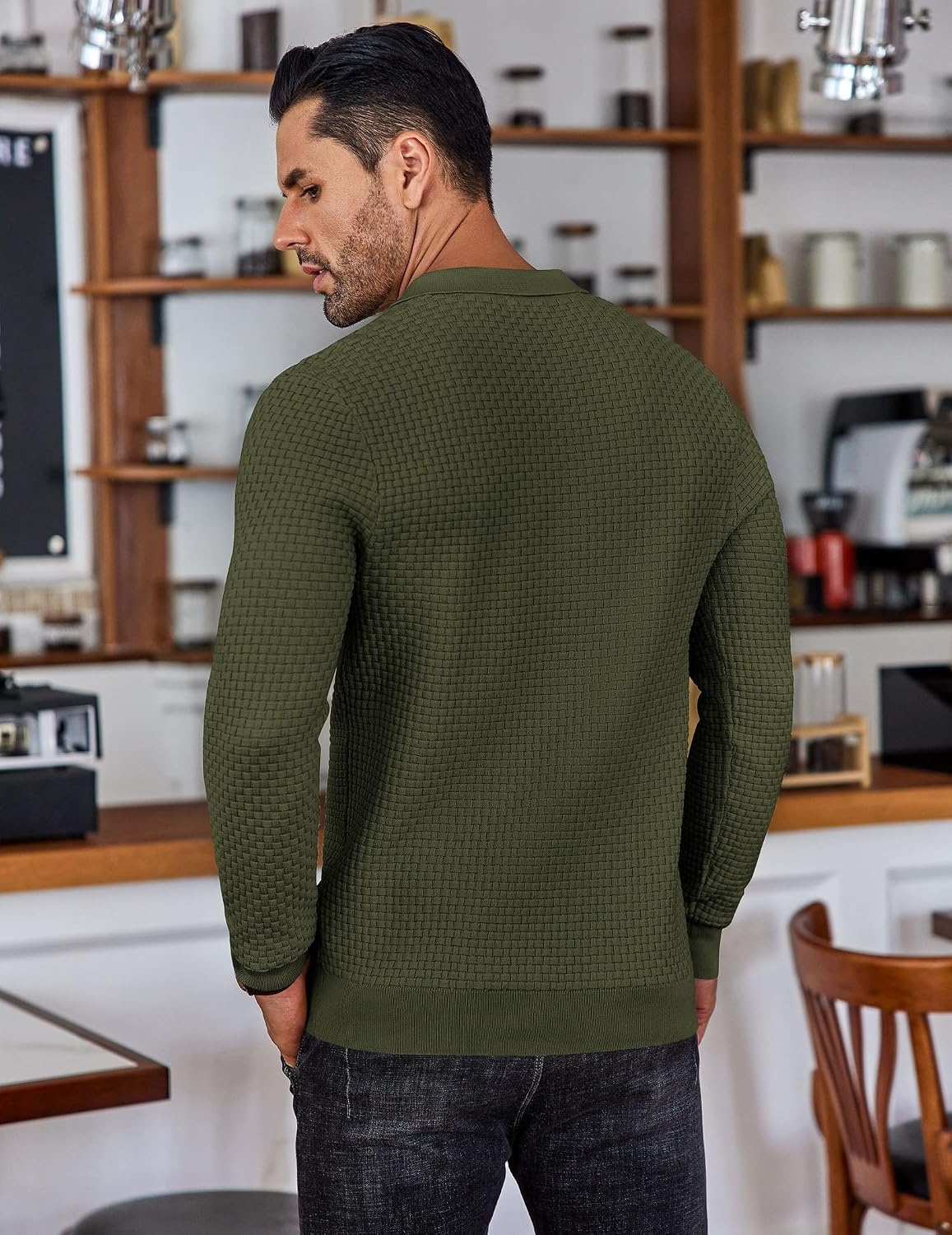image:imageCOOFANDY Mens Knit Polo Shirts Casual Collared Long Sleeve Sweater PolosArmy Green