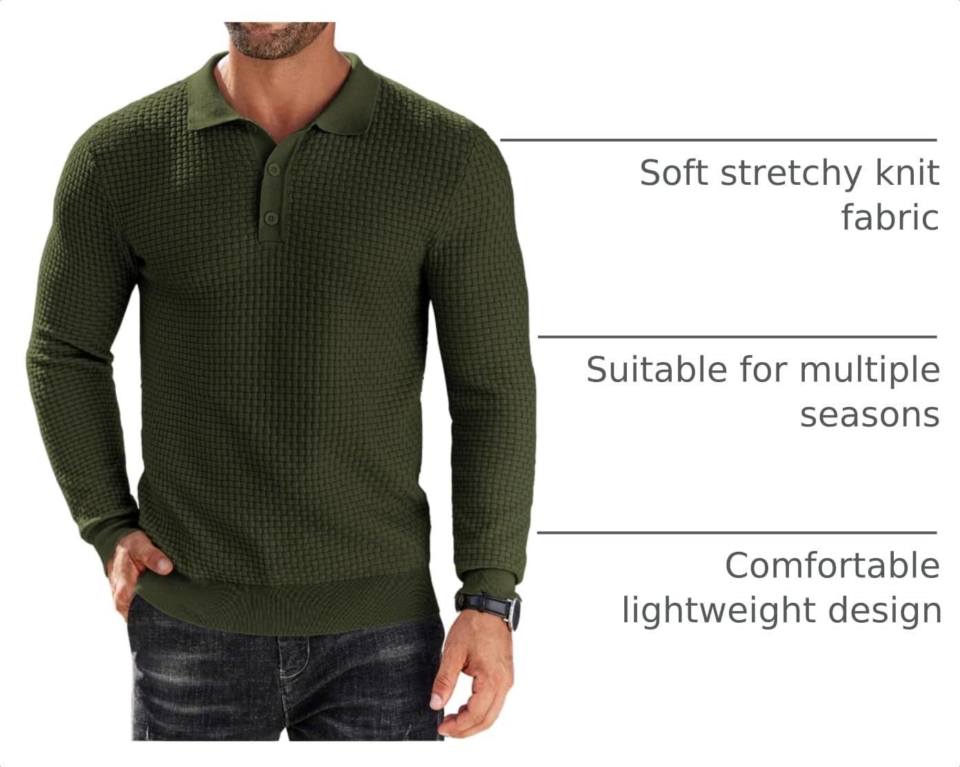 image:imageCOOFANDY Mens Knit Polo Shirts Casual Collared Long Sleeve Sweater PolosArmy Green