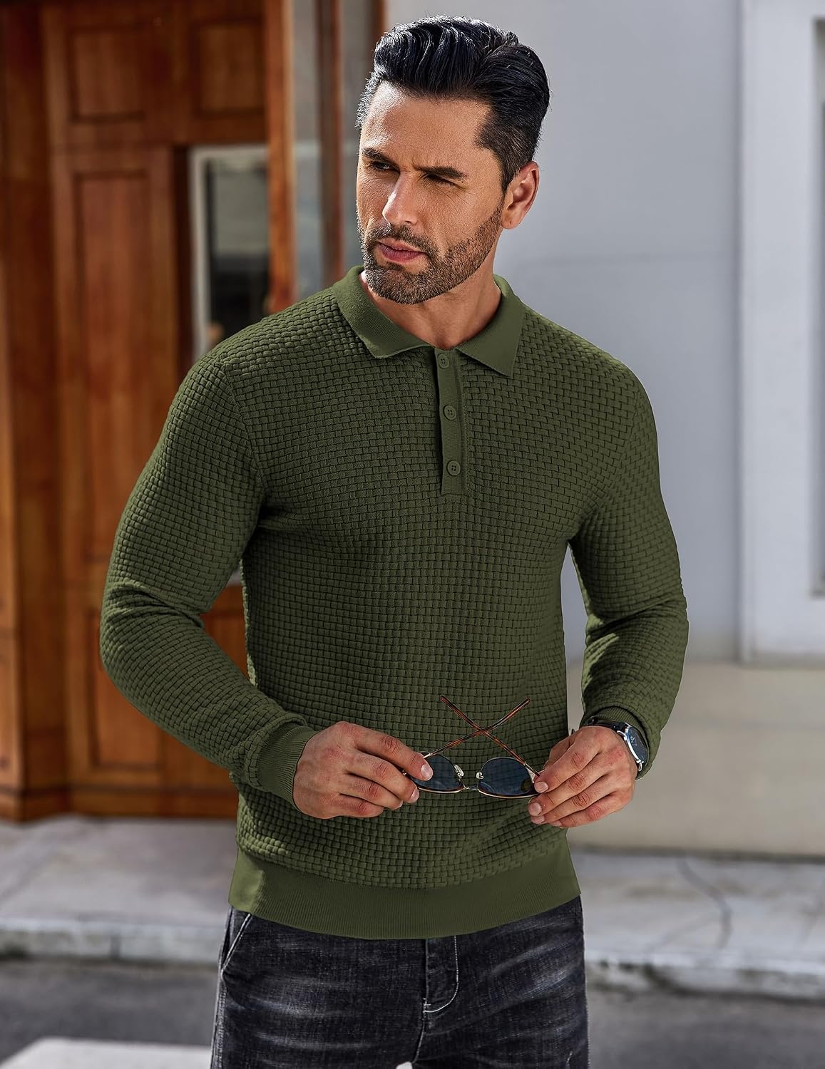 image:imageCOOFANDY Mens Knit Polo Shirts Casual Collared Long Sleeve Sweater PolosArmy Green