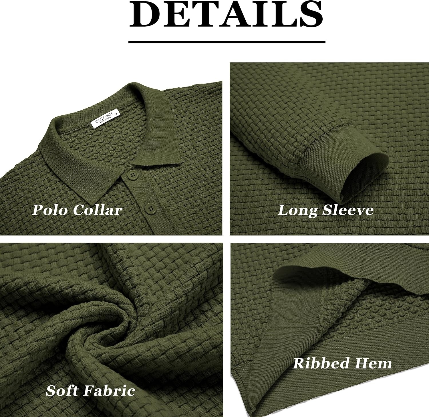 image:imageCOOFANDY Mens Knit Polo Shirts Casual Collared Long Sleeve Sweater PolosArmy Green