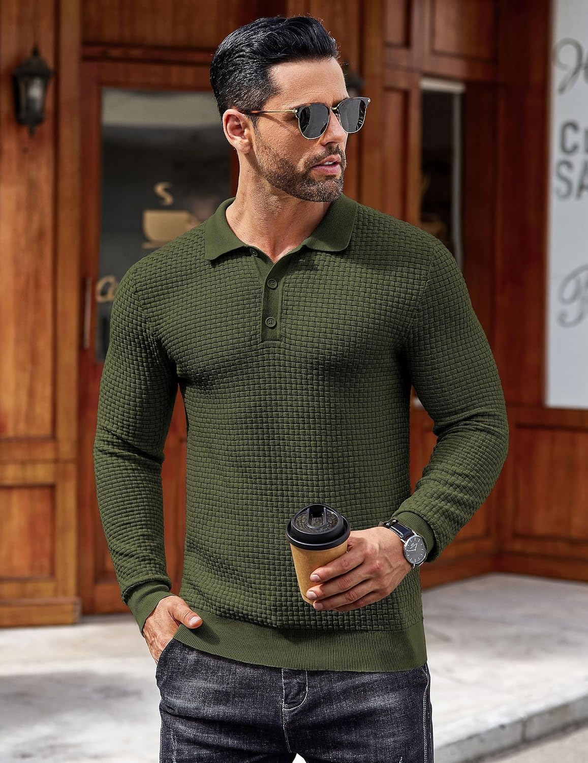 image:imageCOOFANDY Mens Knit Polo Shirts Casual Collared Long Sleeve Sweater PolosArmy Green