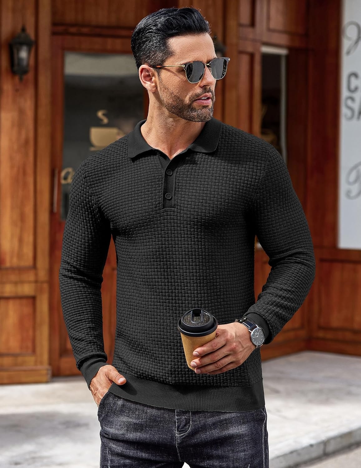 image:imageCOOFANDY Mens Knit Polo Shirts Casual Collared Long Sleeve Sweater PolosBlack