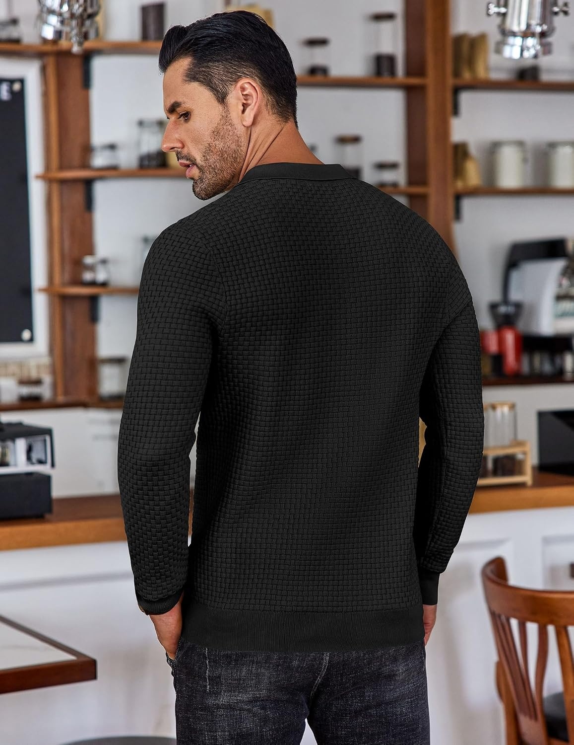 image:imageCOOFANDY Mens Knit Polo Shirts Casual Collared Long Sleeve Sweater PolosBlack