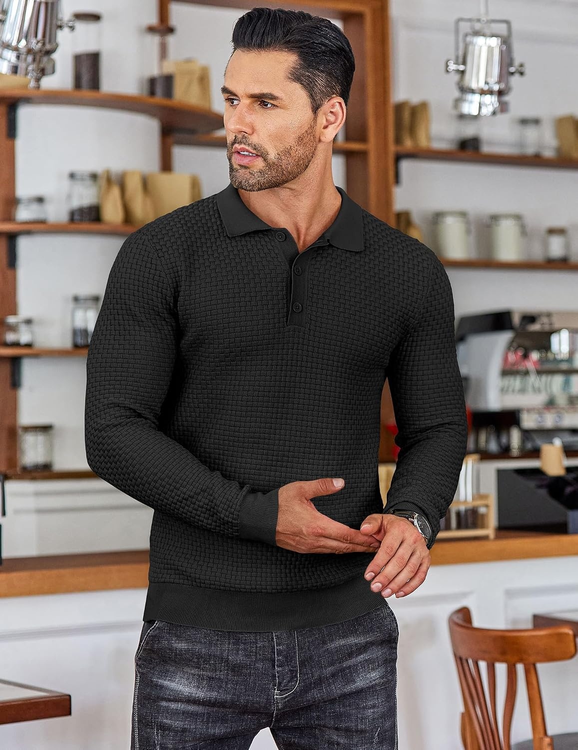 image:imageCOOFANDY Mens Knit Polo Shirts Casual Collared Long Sleeve Sweater PolosBlack