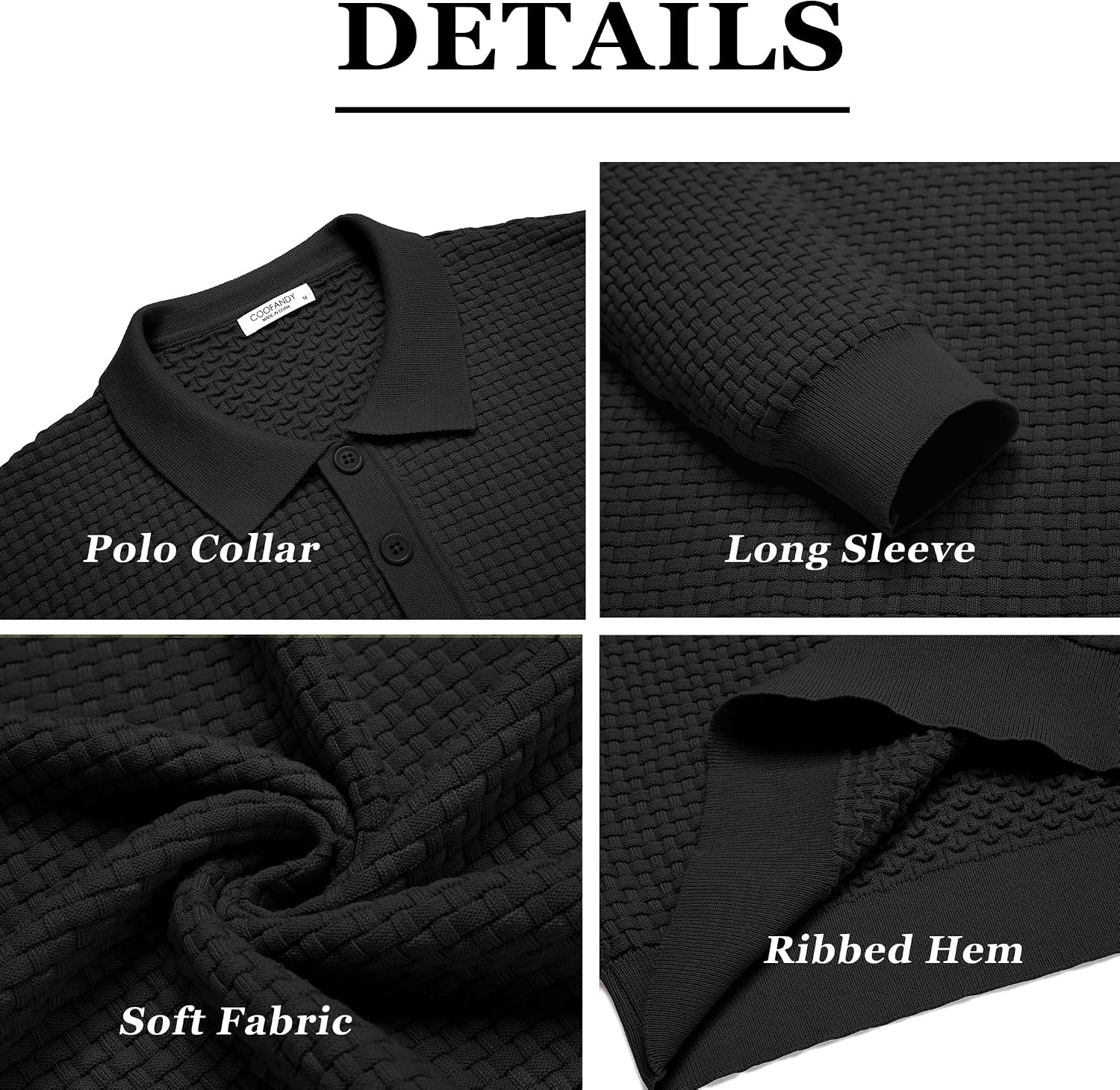 image:imageCOOFANDY Mens Knit Polo Shirts Casual Collared Long Sleeve Sweater PolosBlack