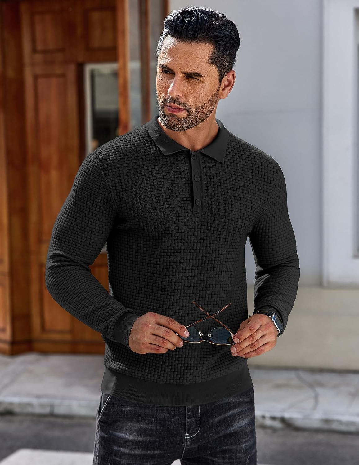 image:imageCOOFANDY Mens Knit Polo Shirts Casual Collared Long Sleeve Sweater PolosBlack