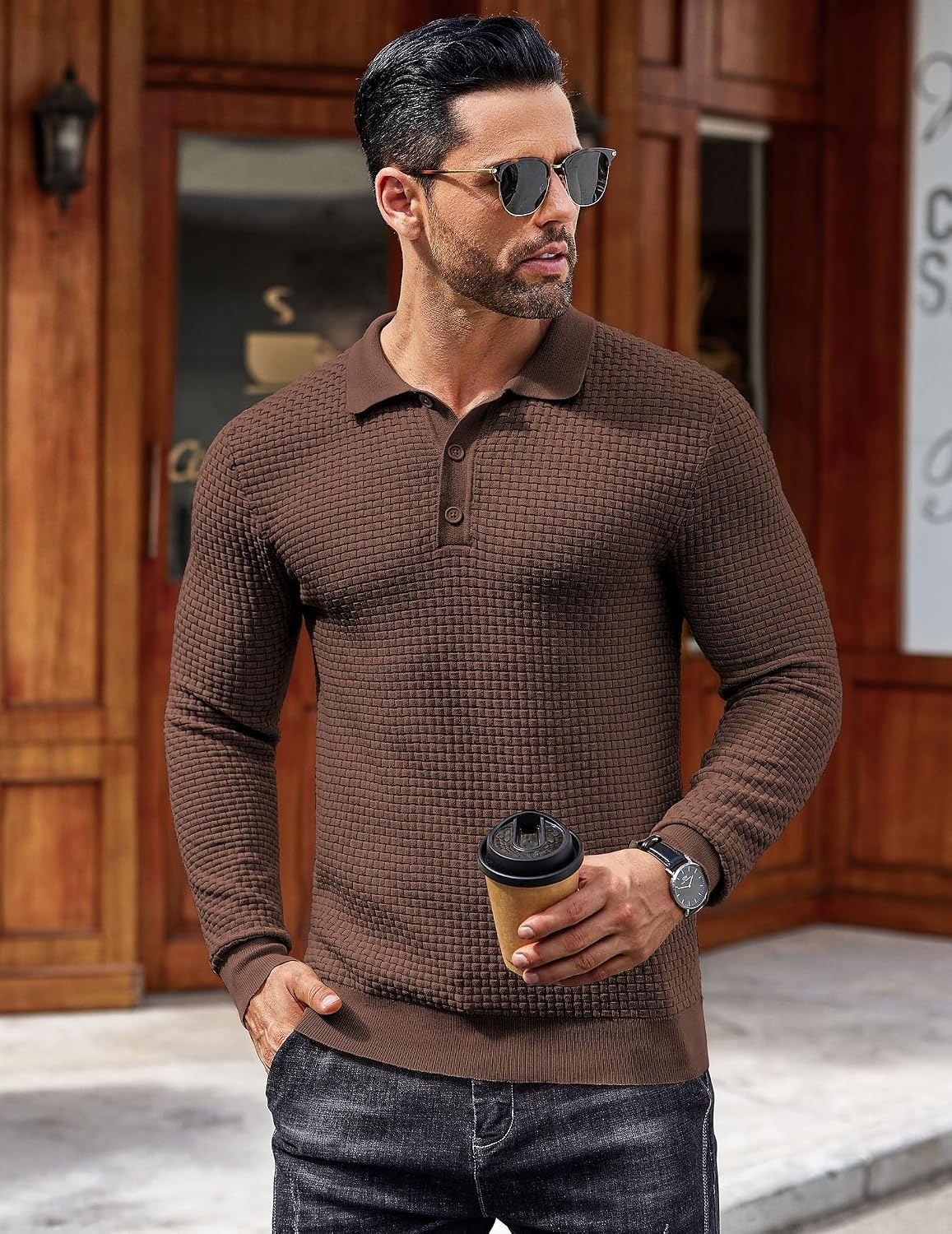 image:imageCOOFANDY Mens Knit Polo Shirts Casual Collared Long Sleeve Sweater PolosBrown