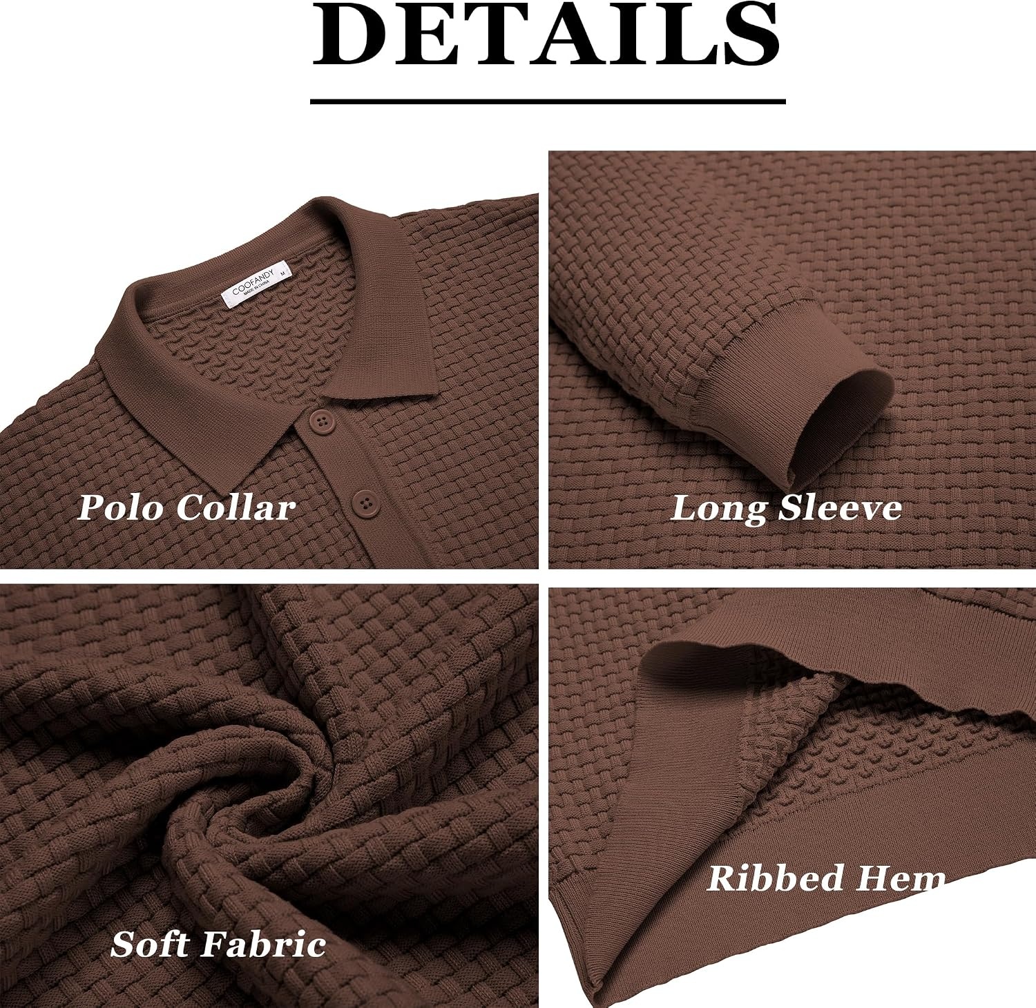 image:imageCOOFANDY Mens Knit Polo Shirts Casual Collared Long Sleeve Sweater PolosBrown