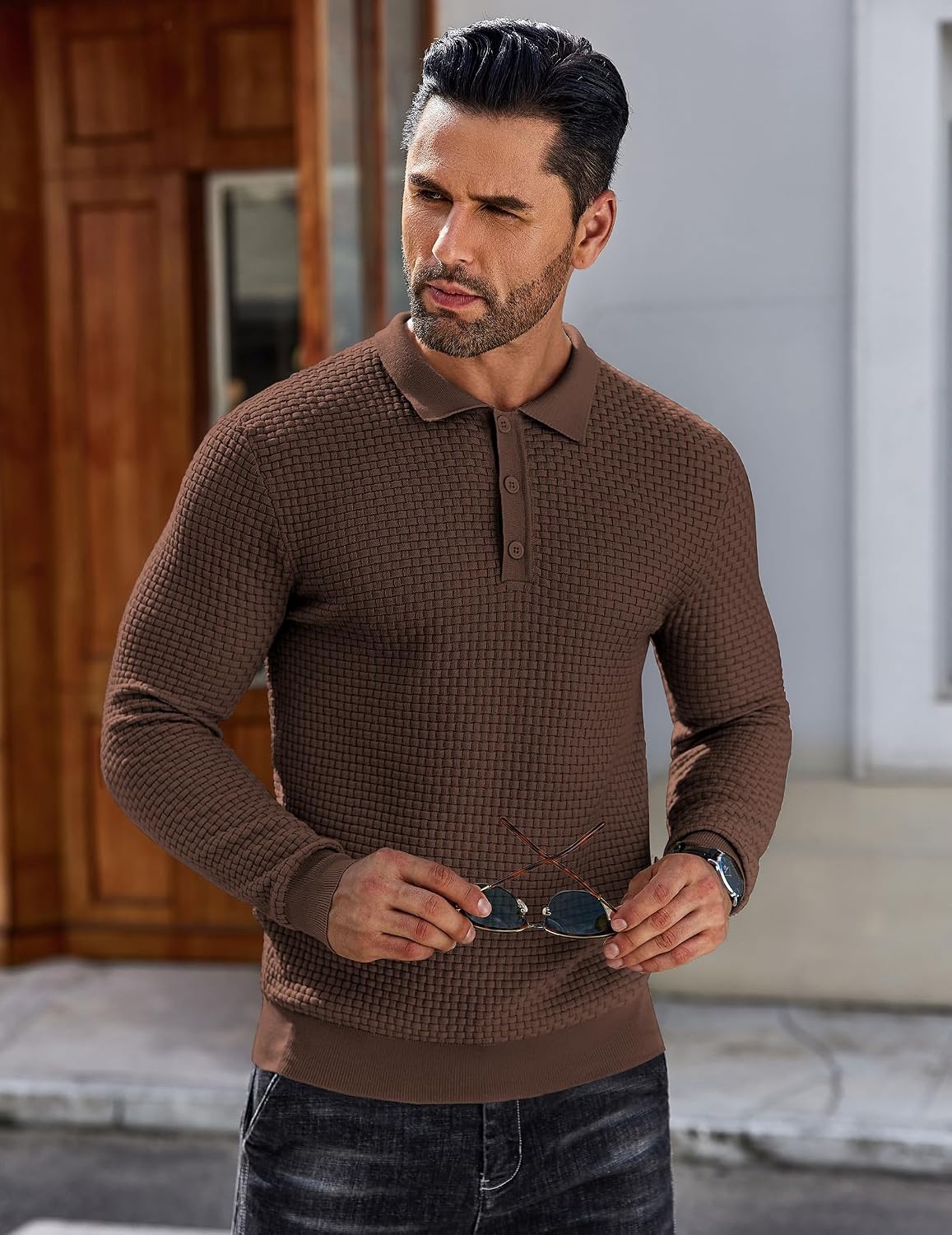 image:imageCOOFANDY Mens Knit Polo Shirts Casual Collared Long Sleeve Sweater PolosBrown