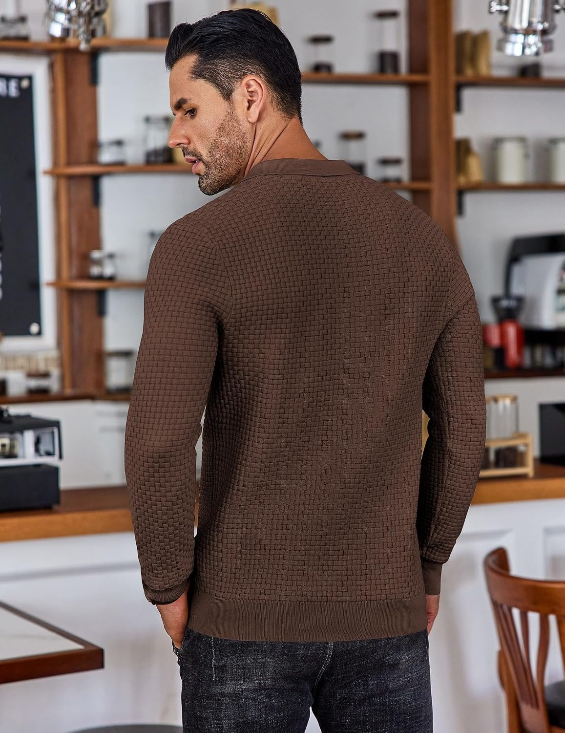 image:imageCOOFANDY Mens Knit Polo Shirts Casual Collared Long Sleeve Sweater PolosBrown
