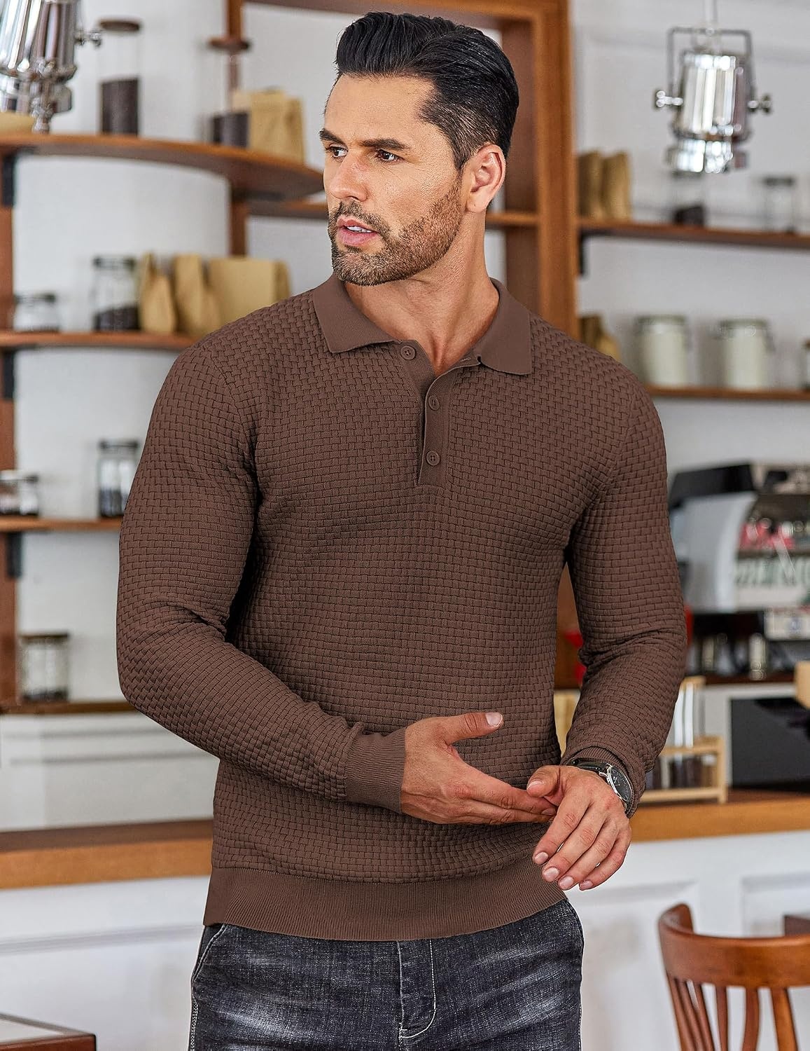 image:imageCOOFANDY Mens Knit Polo Shirts Casual Collared Long Sleeve Sweater PolosBrown