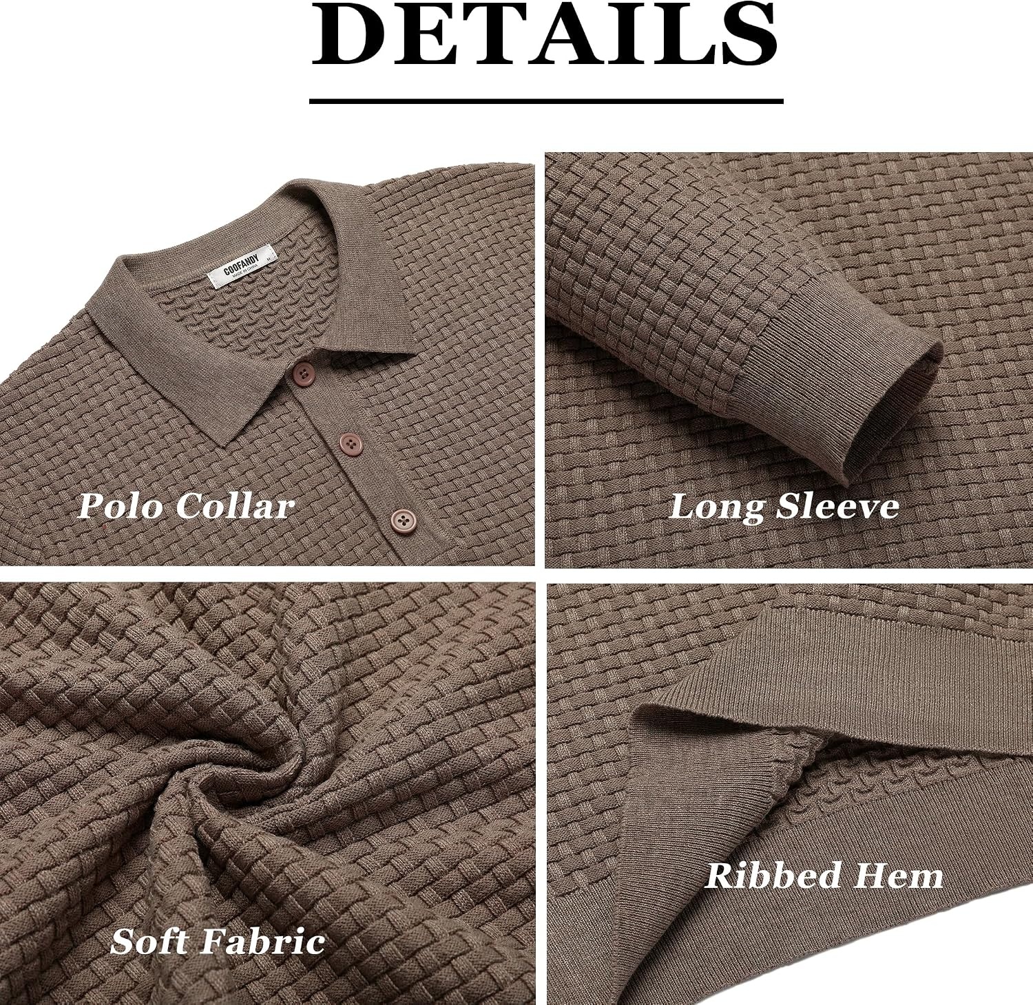 image:imageCOOFANDY Mens Knit Polo Shirts Casual Collared Long Sleeve Sweater PolosBrown and Grey