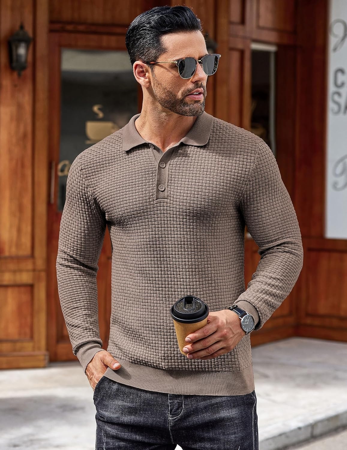 image:imageCOOFANDY Mens Knit Polo Shirts Casual Collared Long Sleeve Sweater PolosBrown and Grey