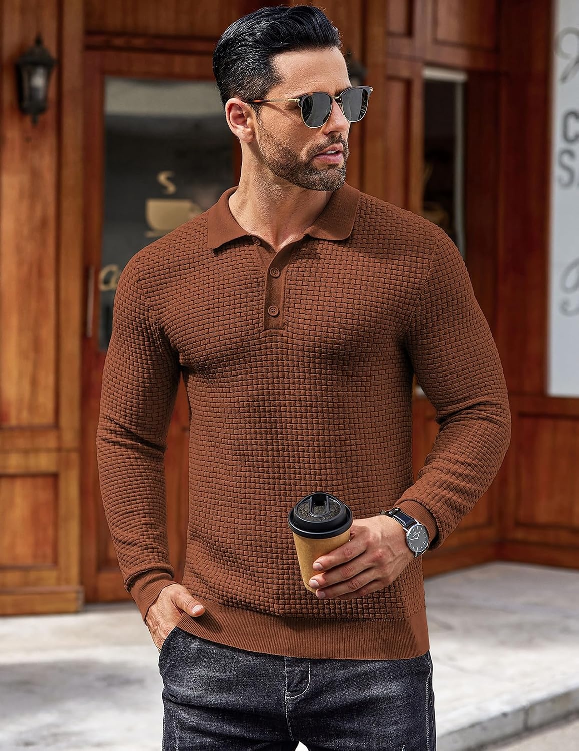 image:imageCOOFANDY Mens Knit Polo Shirts Casual Collared Long Sleeve Sweater PolosCaramel