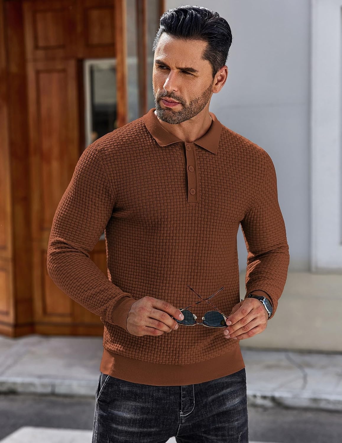 image:imageCOOFANDY Mens Knit Polo Shirts Casual Collared Long Sleeve Sweater PolosCaramel
