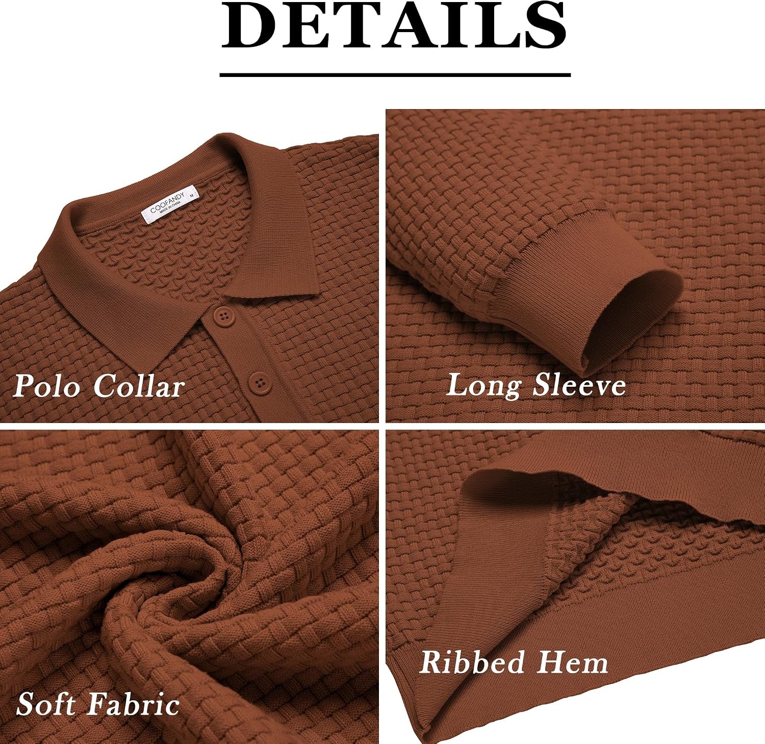 image:imageCOOFANDY Mens Knit Polo Shirts Casual Collared Long Sleeve Sweater PolosCaramel