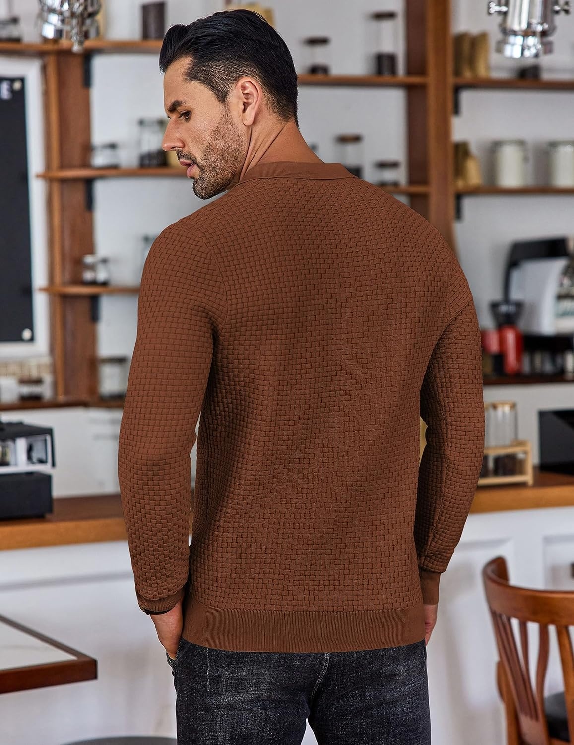image:imageCOOFANDY Mens Knit Polo Shirts Casual Collared Long Sleeve Sweater PolosCaramel