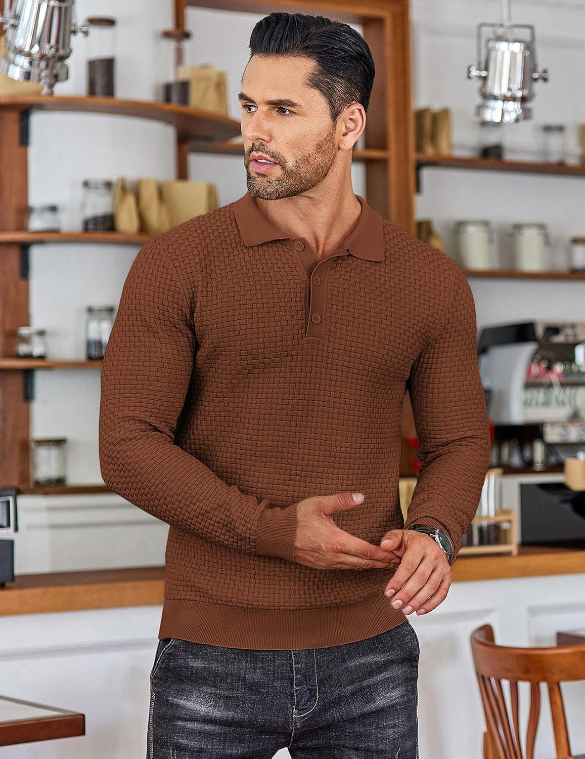 image:imageCOOFANDY Mens Knit Polo Shirts Casual Collared Long Sleeve Sweater PolosCaramel