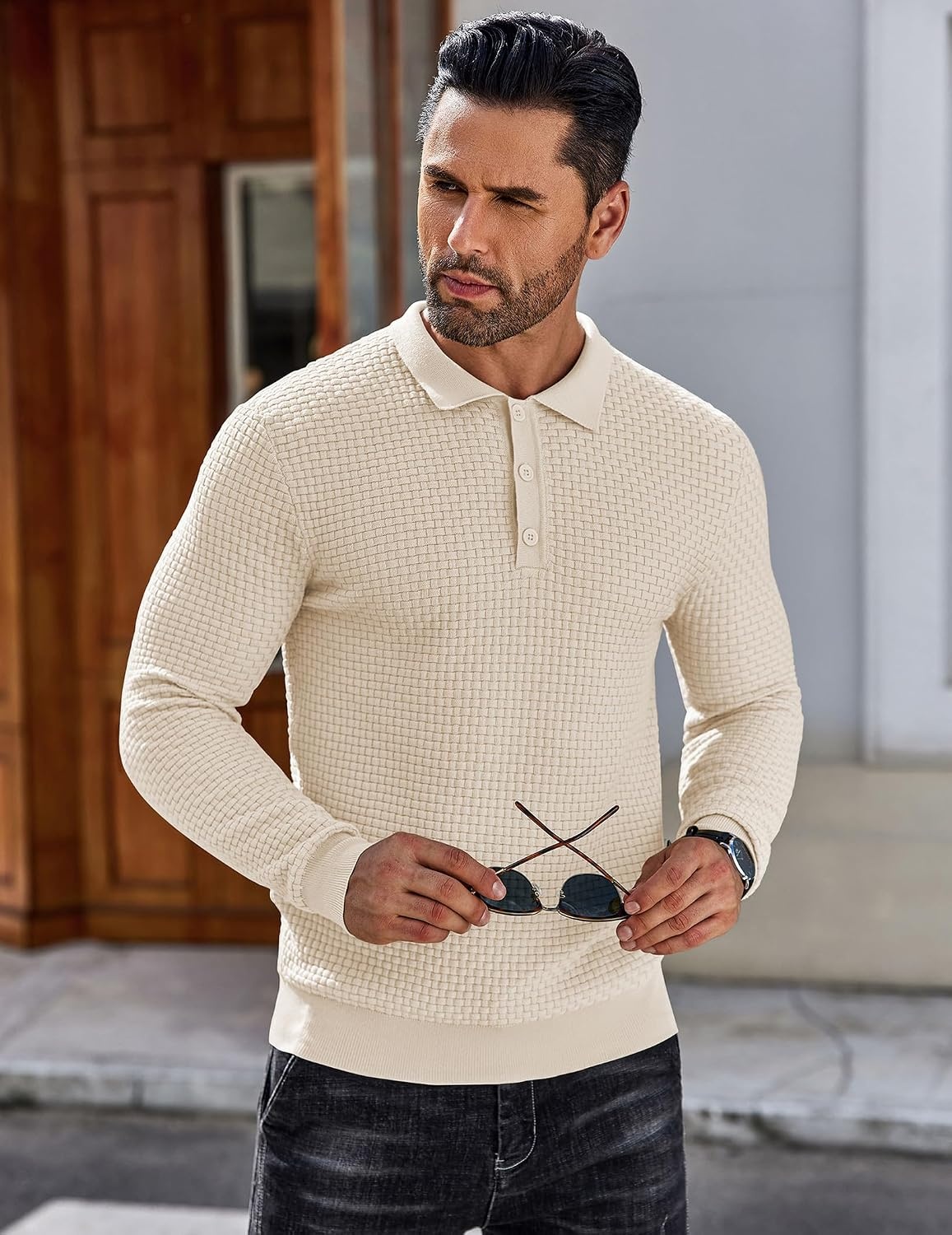 image:imageCOOFANDY Mens Knit Polo Shirts Casual Collared Long Sleeve Sweater PolosCream