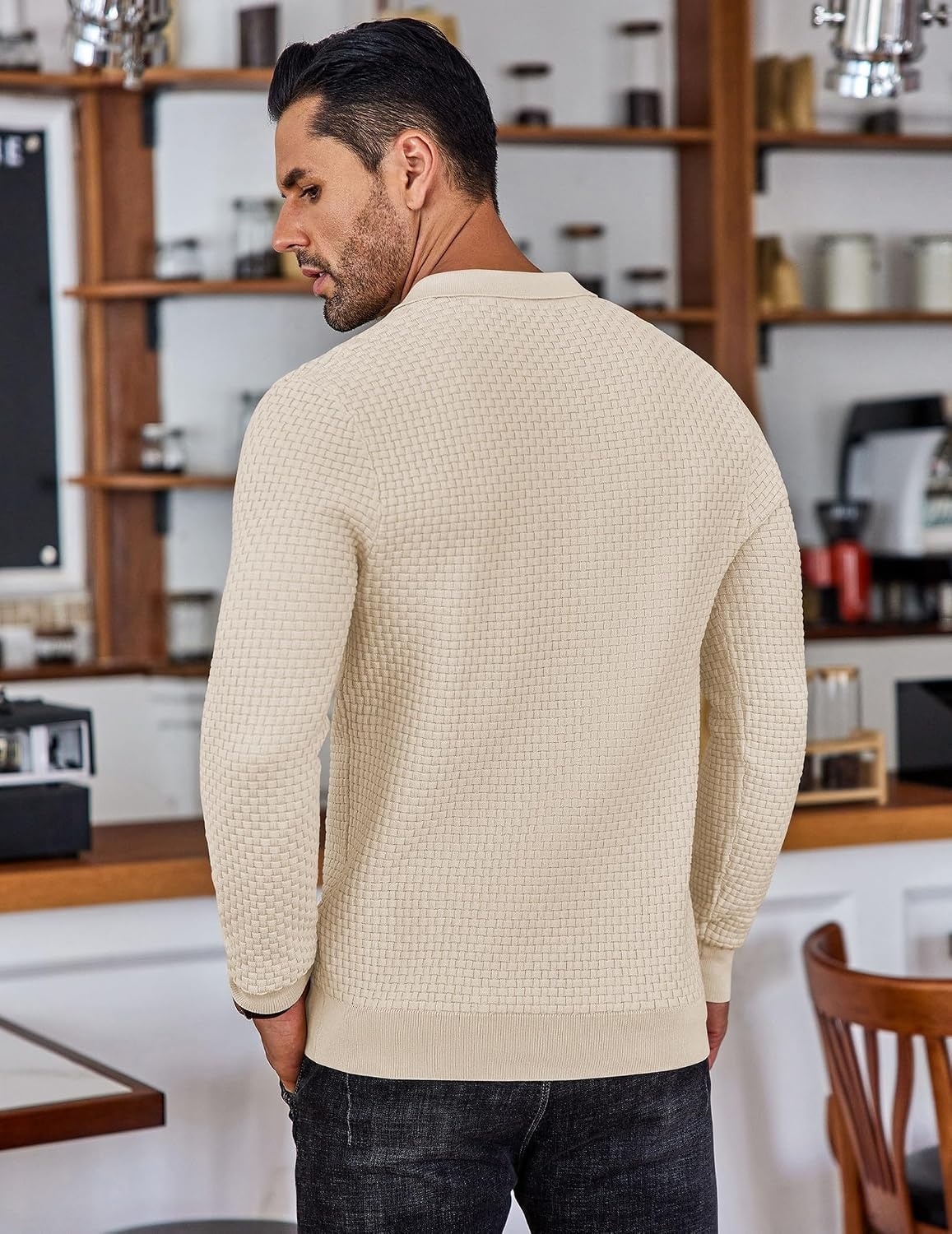 image:imageCOOFANDY Mens Knit Polo Shirts Casual Collared Long Sleeve Sweater PolosCream