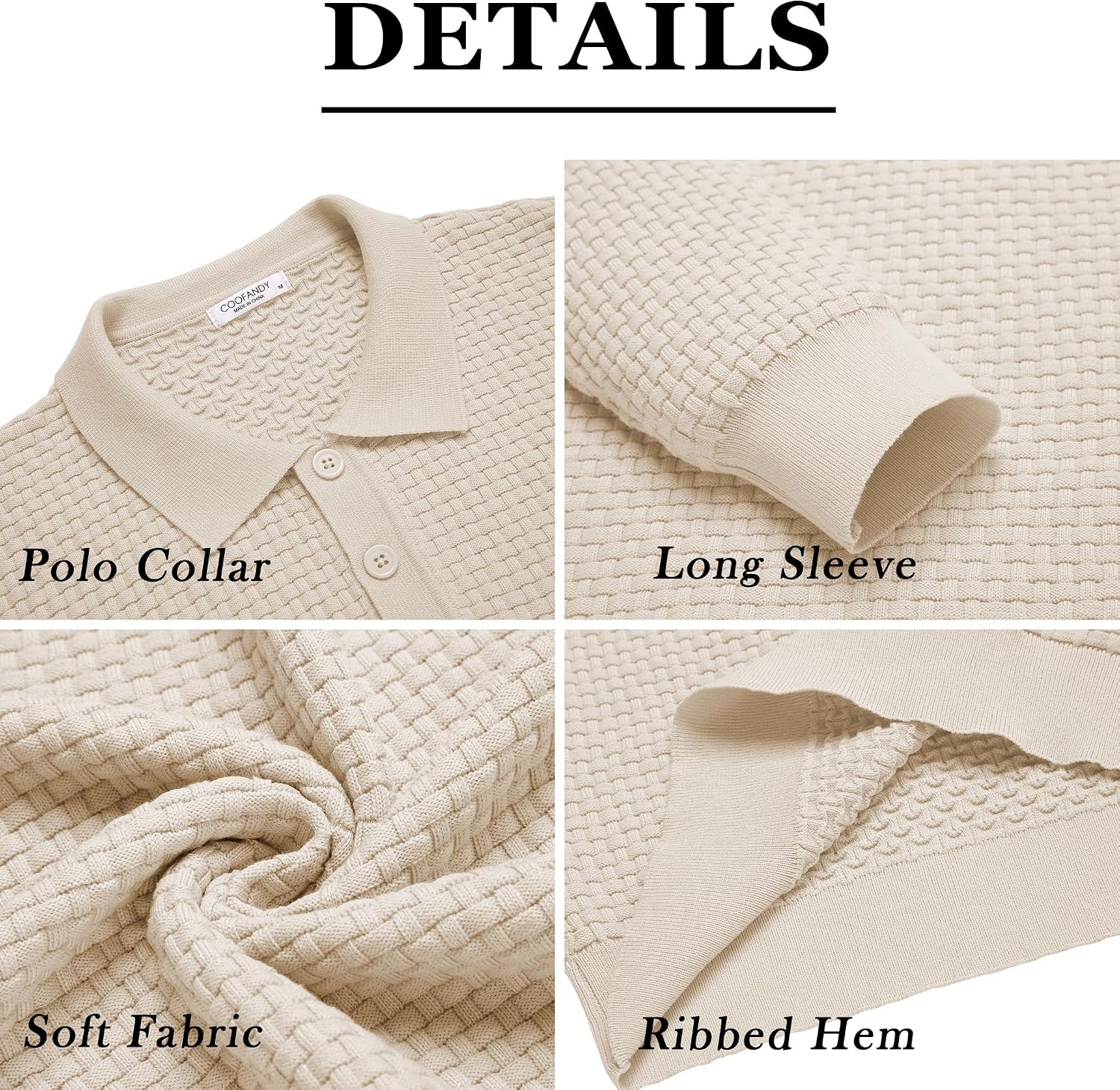 image:imageCOOFANDY Mens Knit Polo Shirts Casual Collared Long Sleeve Sweater PolosCream