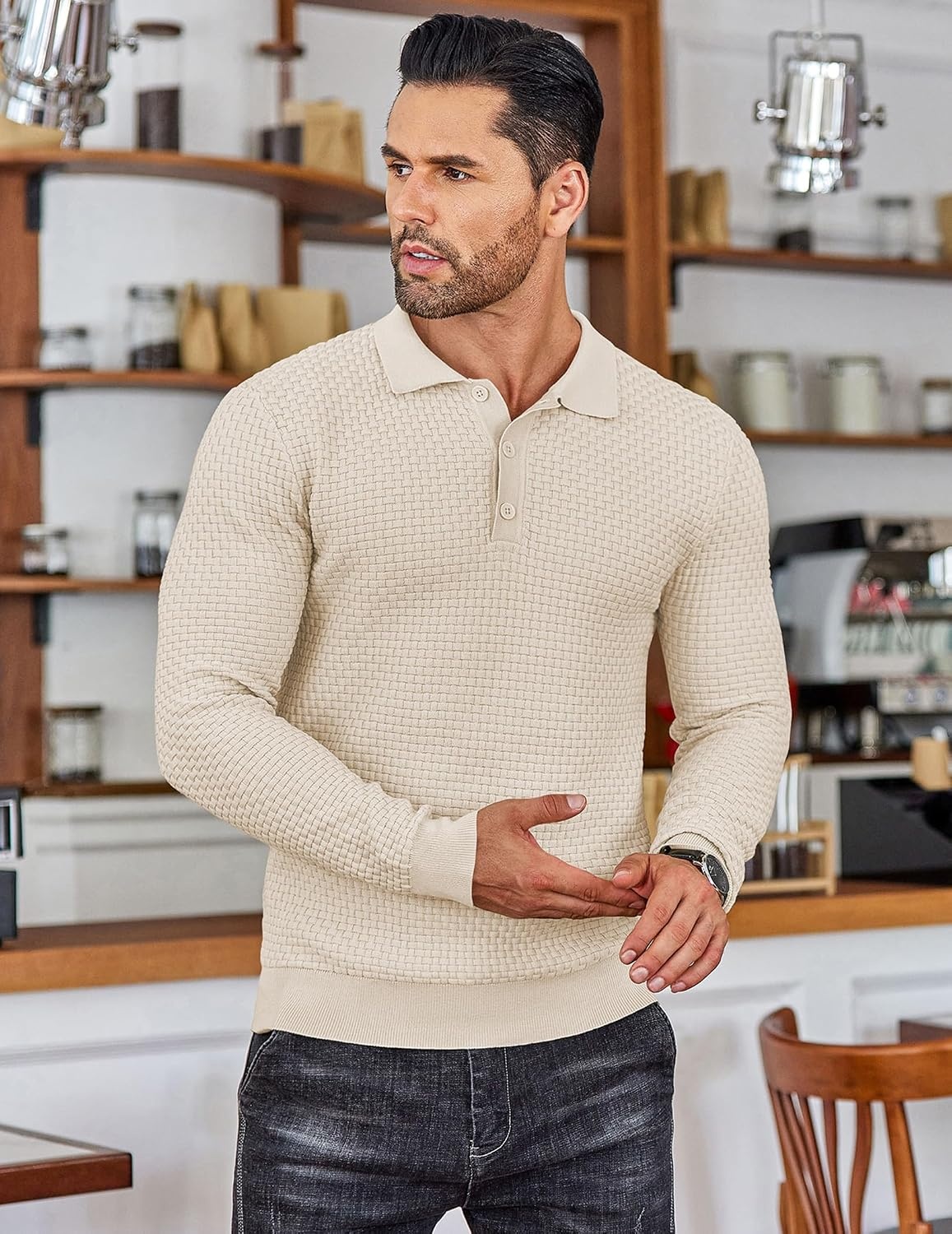 image:imageCOOFANDY Mens Knit Polo Shirts Casual Collared Long Sleeve Sweater PolosCream
