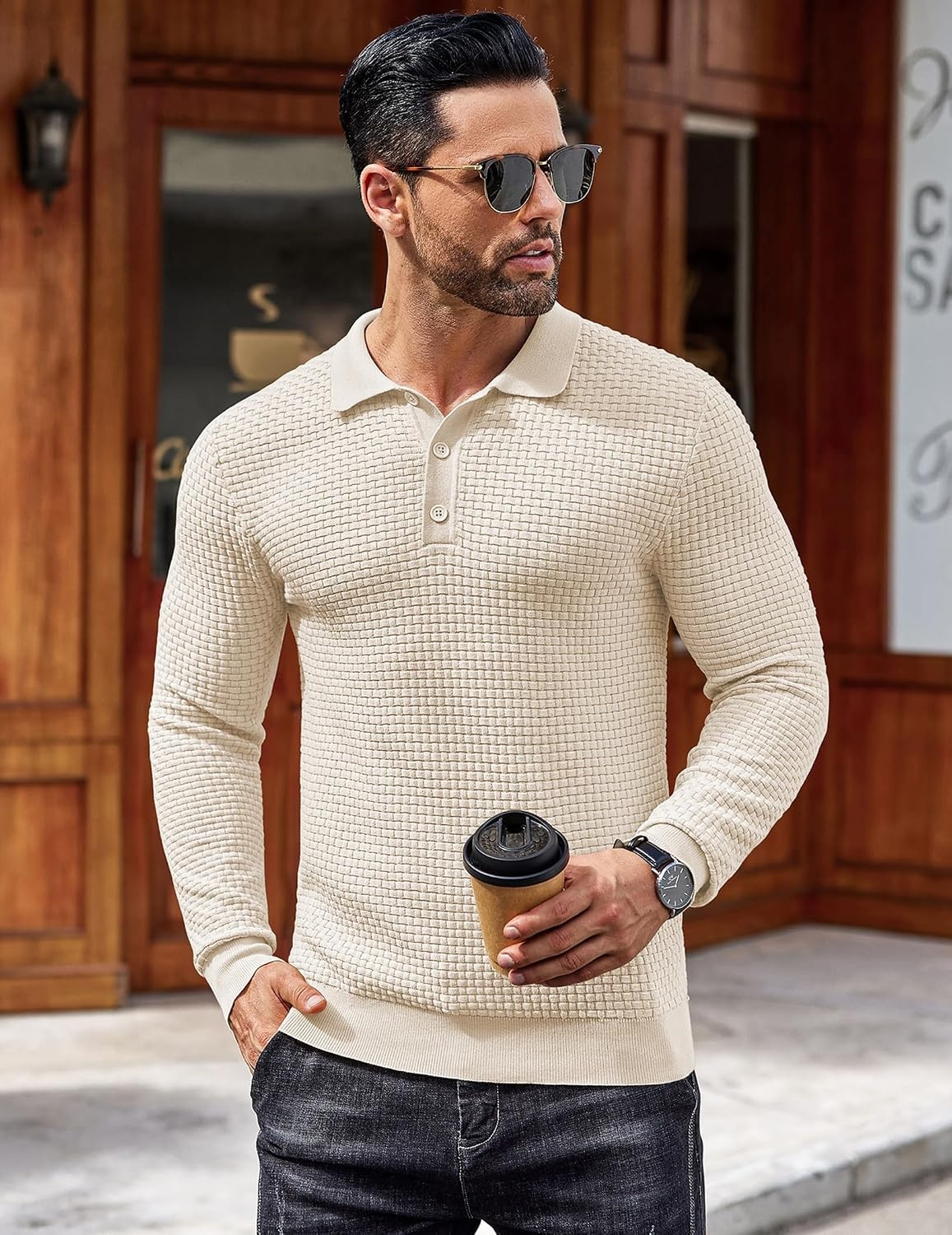 image:imageCOOFANDY Mens Knit Polo Shirts Casual Collared Long Sleeve Sweater PolosCream