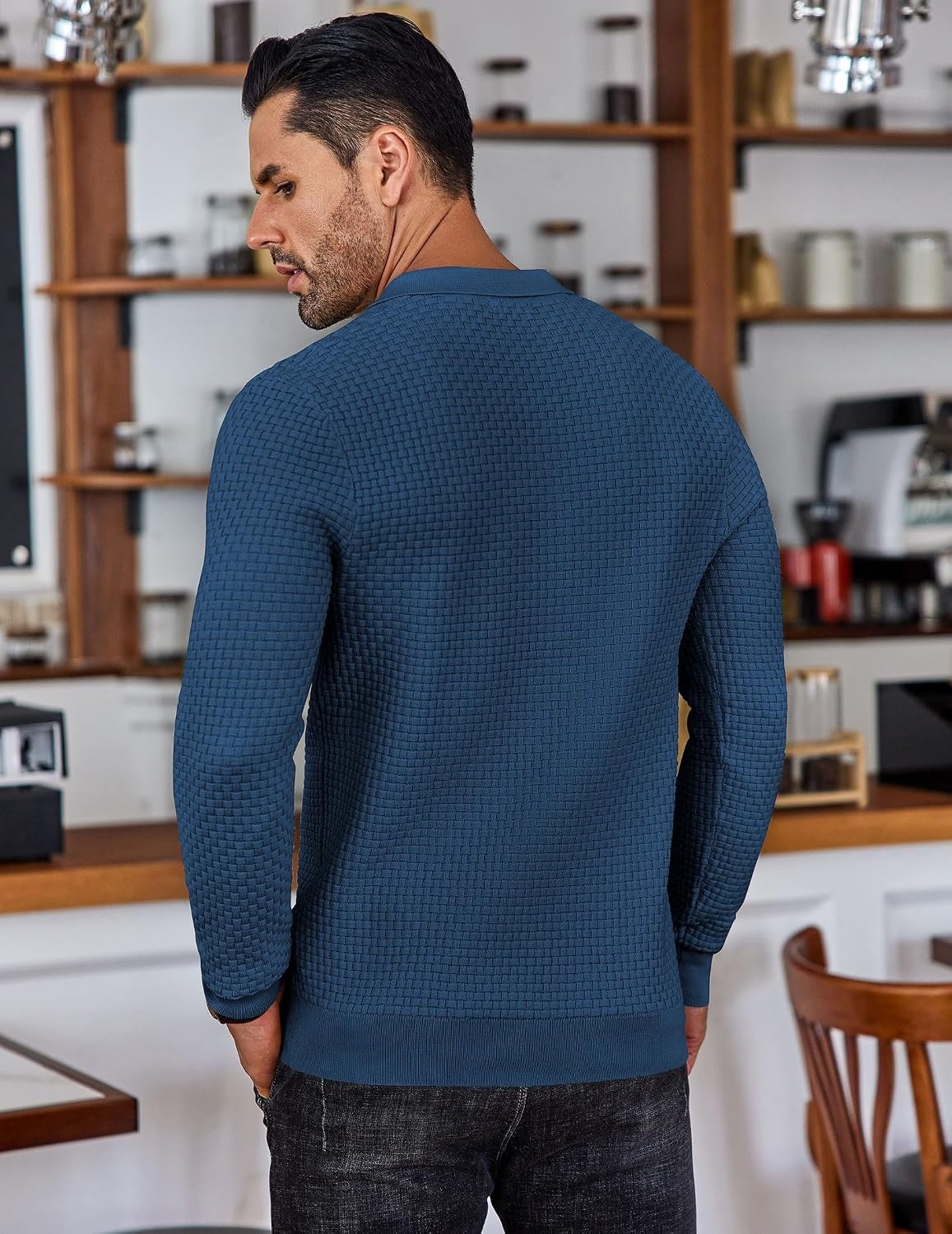 image:imageCOOFANDY Mens Knit Polo Shirts Casual Collared Long Sleeve Sweater PolosDark Blue