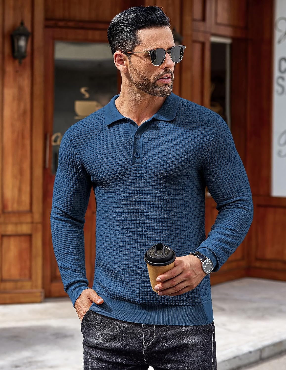 image:imageCOOFANDY Mens Knit Polo Shirts Casual Collared Long Sleeve Sweater PolosDark Blue