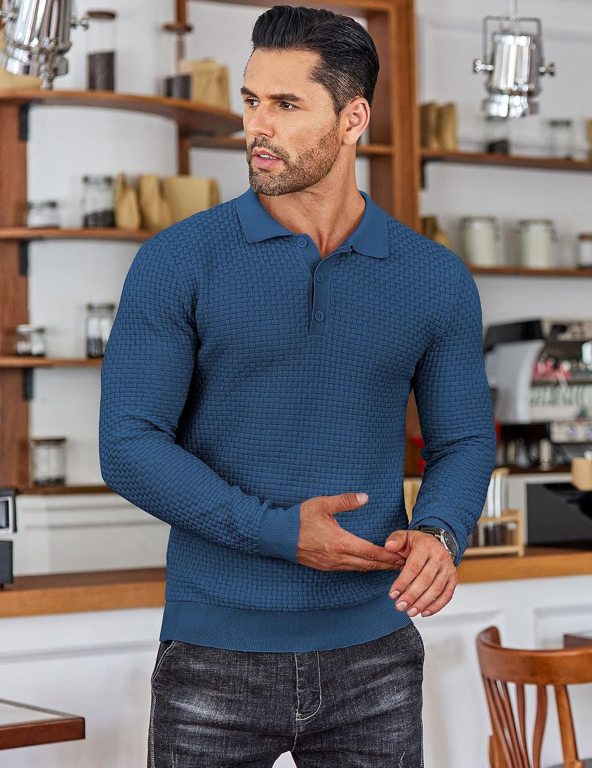 image:imageCOOFANDY Mens Knit Polo Shirts Casual Collared Long Sleeve Sweater PolosDark Blue