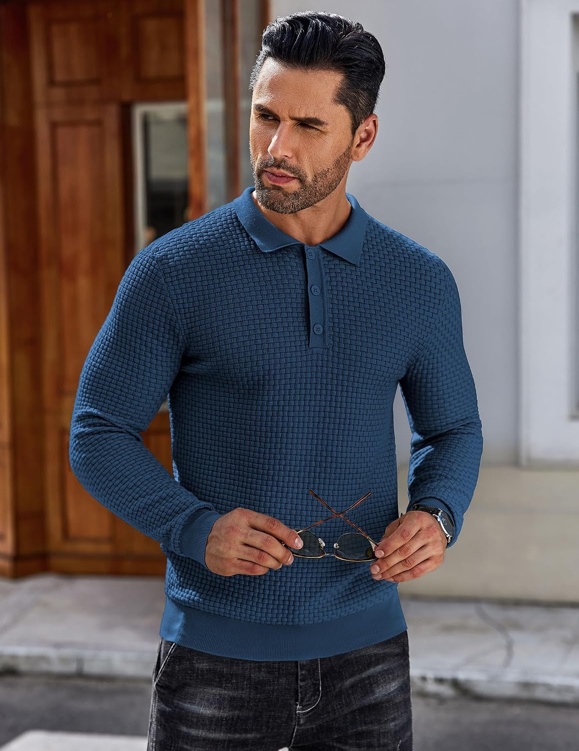 image:imageCOOFANDY Mens Knit Polo Shirts Casual Collared Long Sleeve Sweater PolosDark Blue