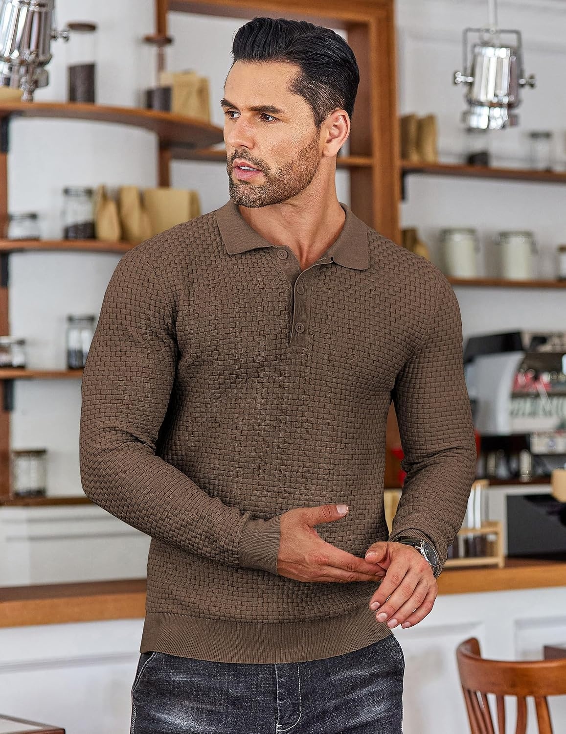 image:imageCOOFANDY Mens Knit Polo Shirts Casual Collared Long Sleeve Sweater PolosDark Coffee