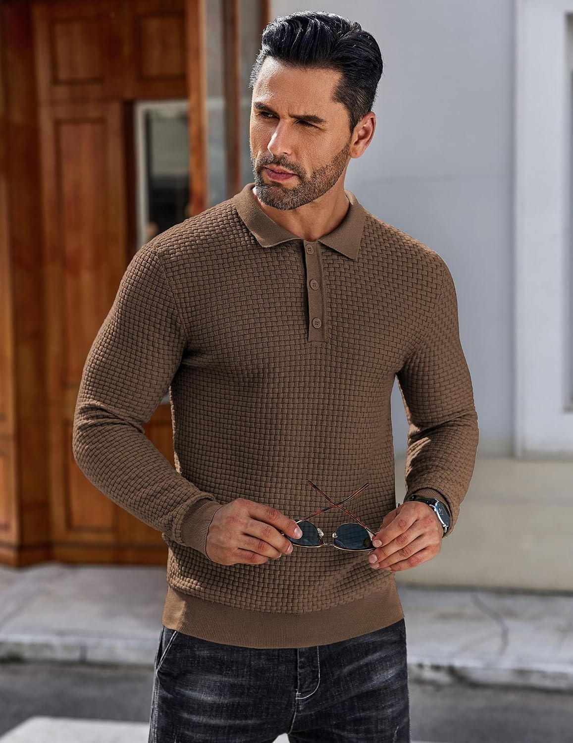 image:imageCOOFANDY Mens Knit Polo Shirts Casual Collared Long Sleeve Sweater PolosDark Coffee