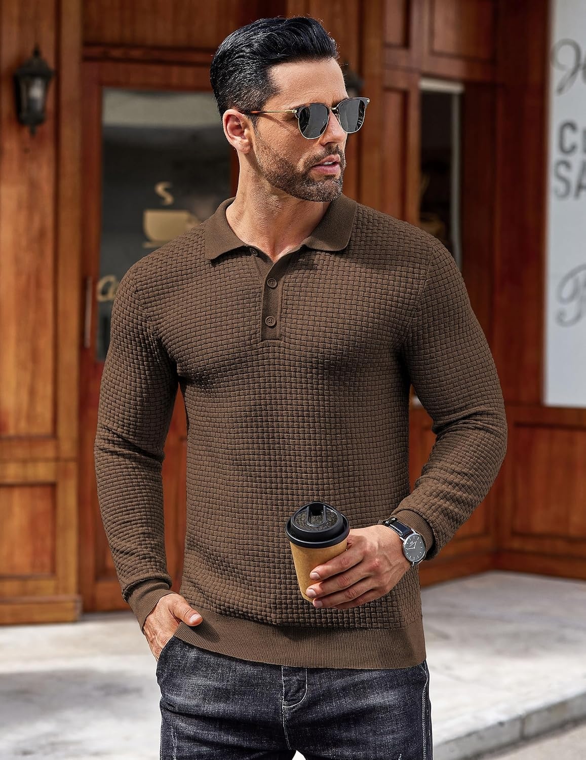 image:imageCOOFANDY Mens Knit Polo Shirts Casual Collared Long Sleeve Sweater PolosDark Coffee