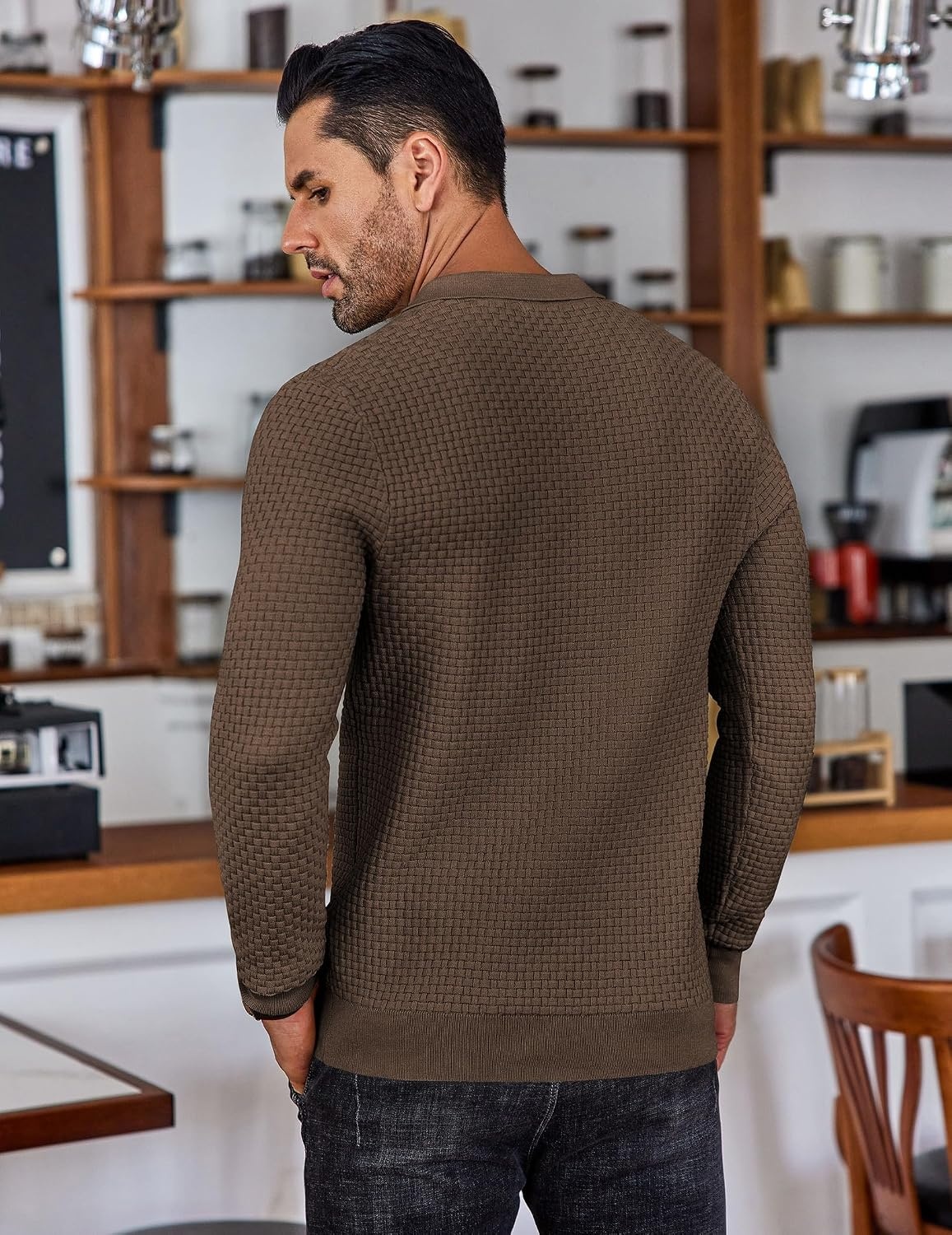 image:imageCOOFANDY Mens Knit Polo Shirts Casual Collared Long Sleeve Sweater PolosDark Coffee