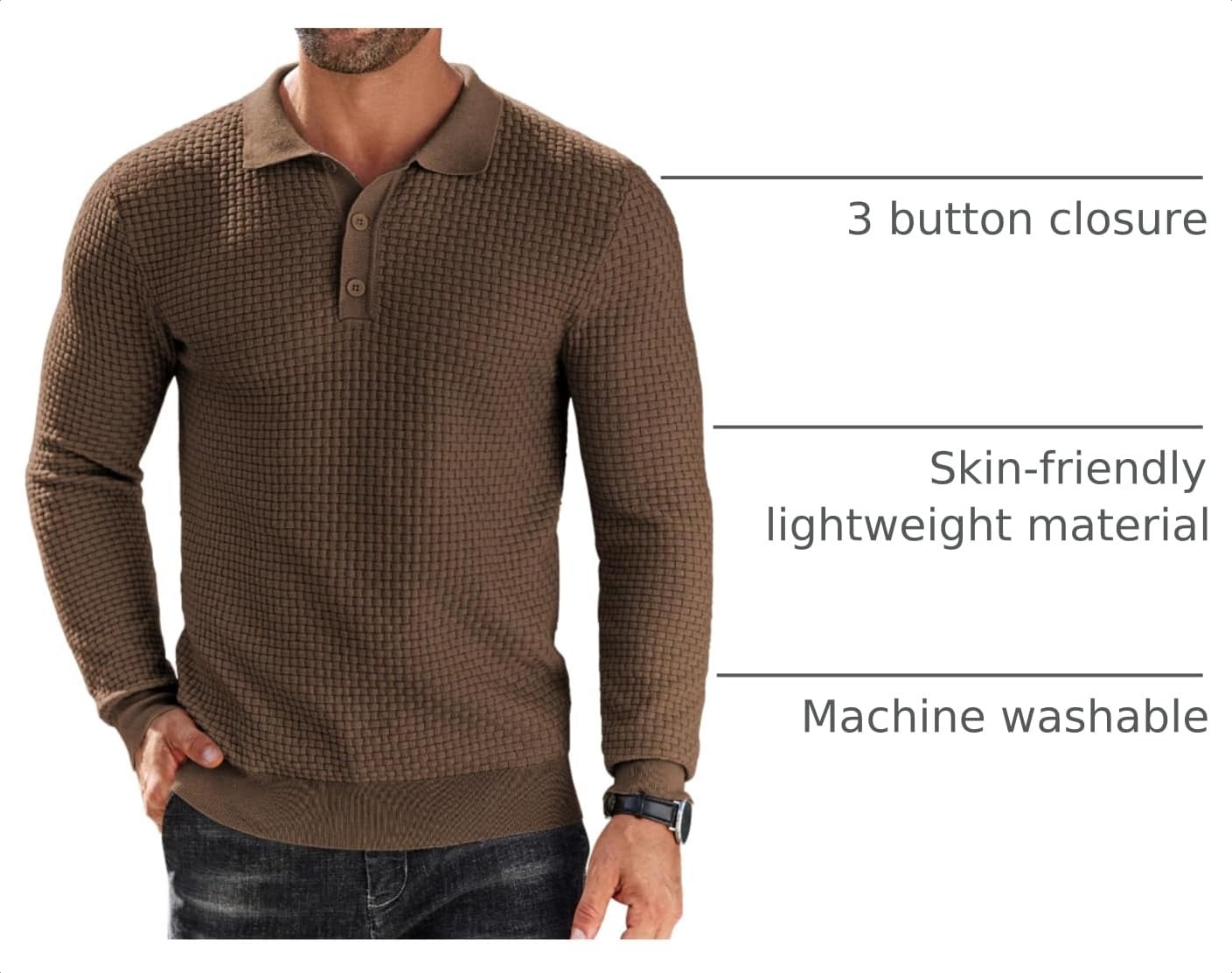 image:imageCOOFANDY Mens Knit Polo Shirts Casual Collared Long Sleeve Sweater PolosDark Coffee