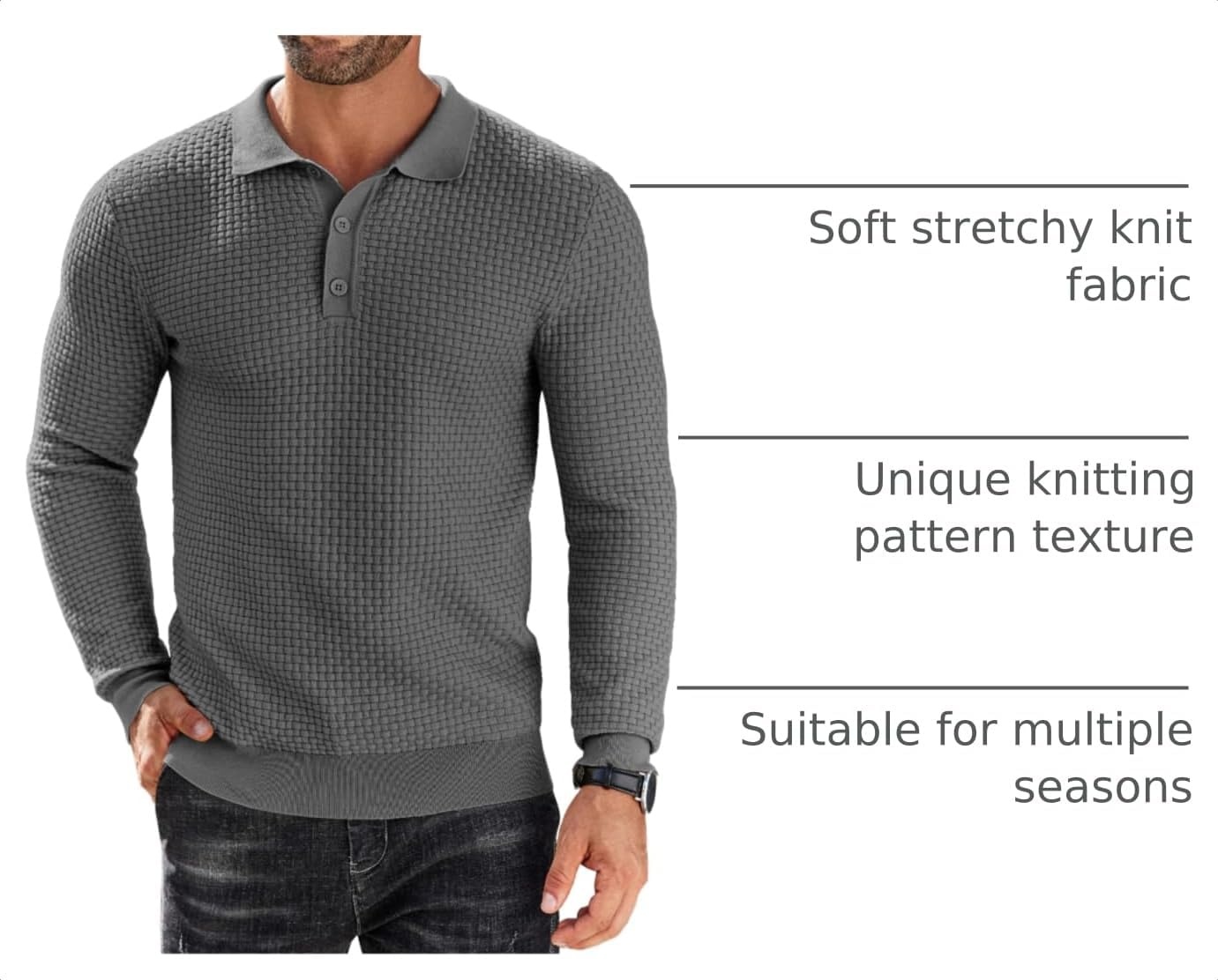 image:imageCOOFANDY Mens Knit Polo Shirts Casual Collared Long Sleeve Sweater PolosDark Grey
