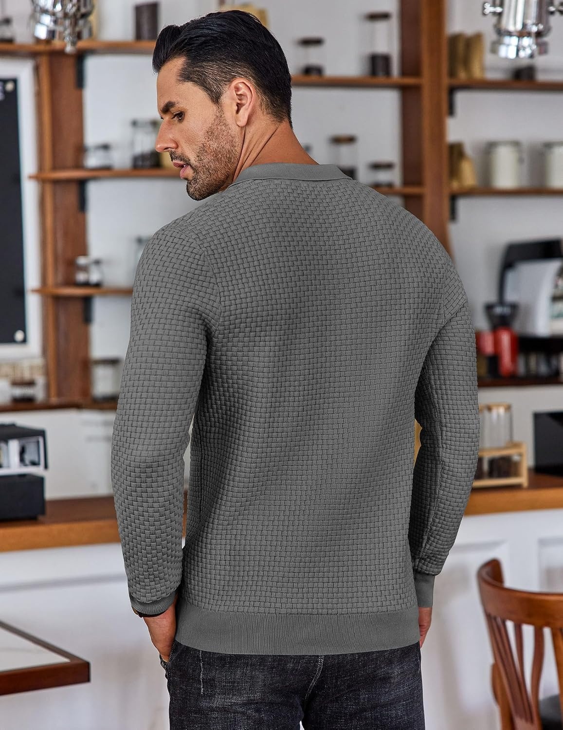 image:imageCOOFANDY Mens Knit Polo Shirts Casual Collared Long Sleeve Sweater PolosDark Grey