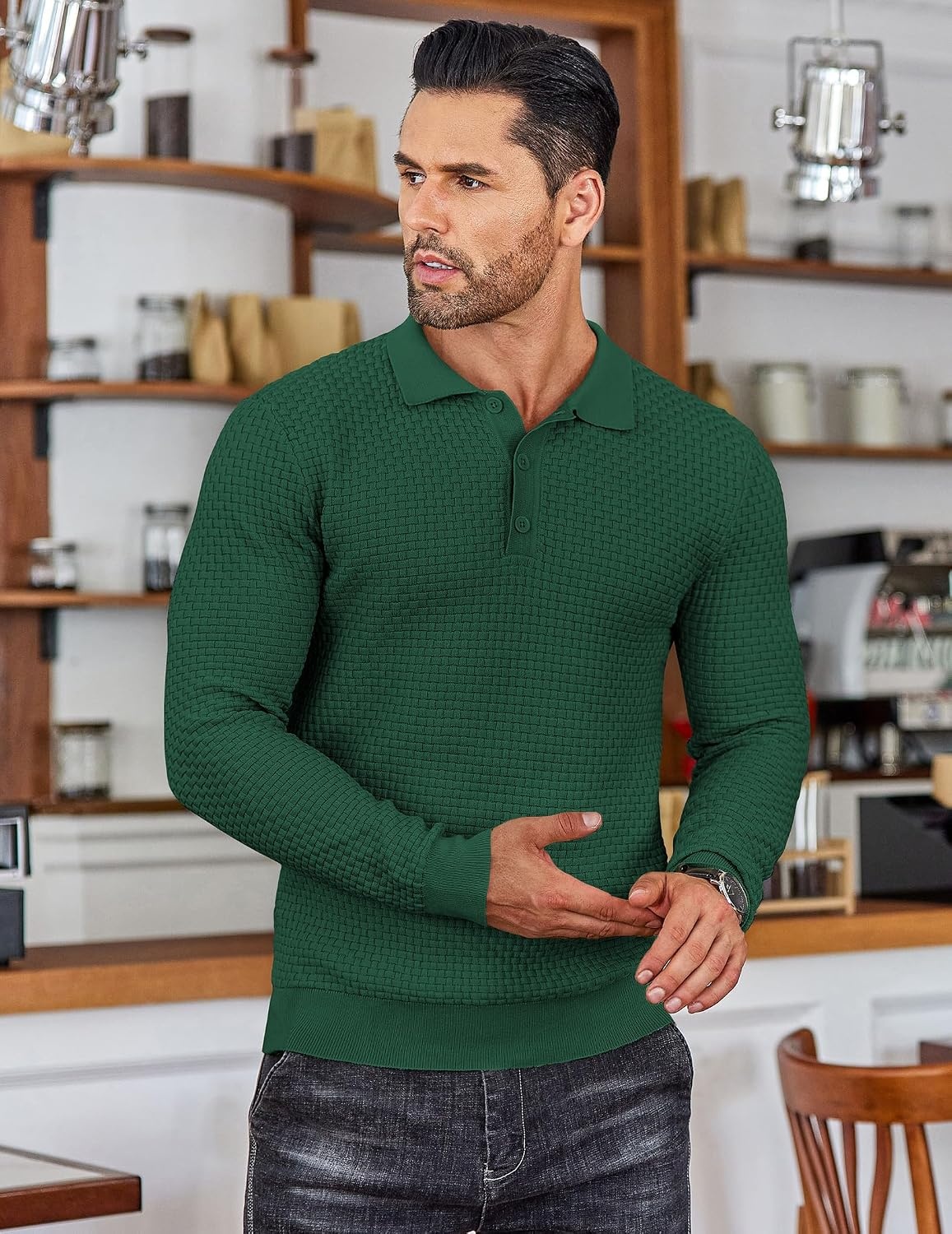 image:imageCOOFANDY Mens Knit Polo Shirts Casual Collared Long Sleeve Sweater PolosGreen