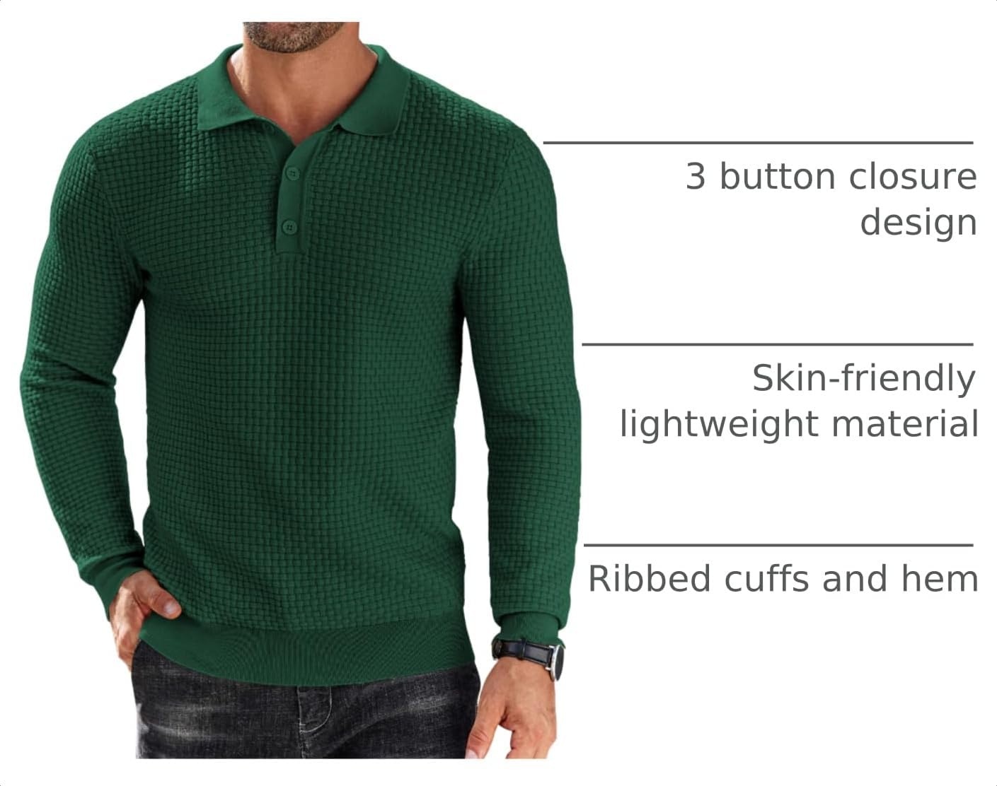 image:imageCOOFANDY Mens Knit Polo Shirts Casual Collared Long Sleeve Sweater PolosGreen