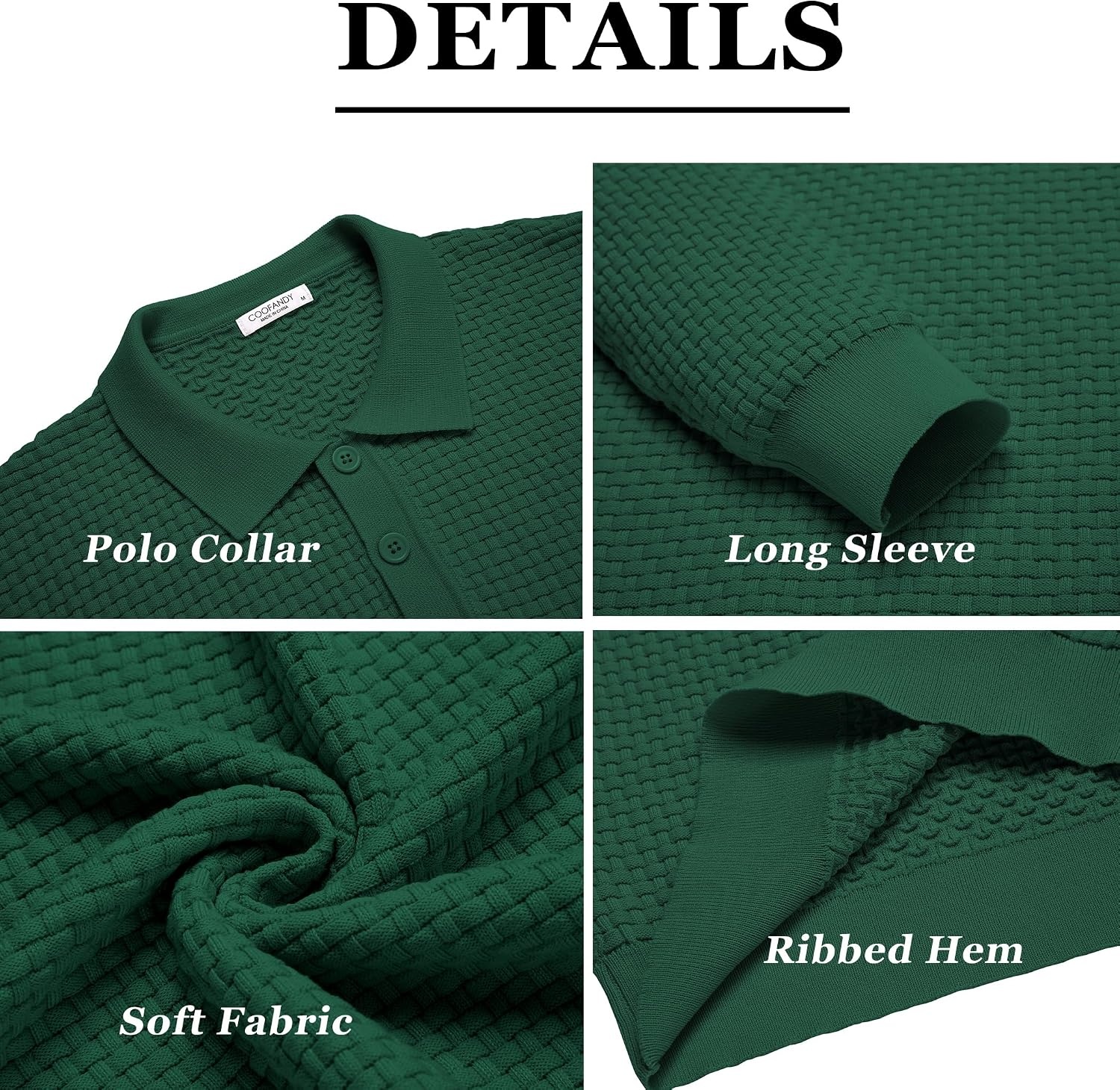 image:imageCOOFANDY Mens Knit Polo Shirts Casual Collared Long Sleeve Sweater PolosGreen