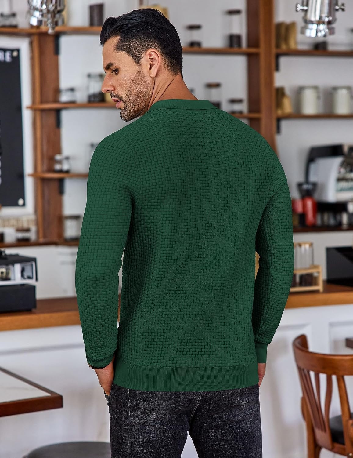 image:imageCOOFANDY Mens Knit Polo Shirts Casual Collared Long Sleeve Sweater PolosGreen