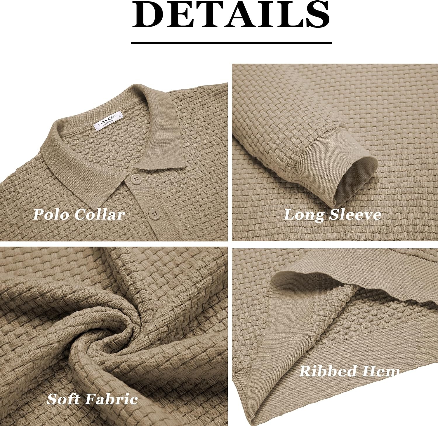 image:imageCOOFANDY Mens Knit Polo Shirts Casual Collared Long Sleeve Sweater PolosKhaki